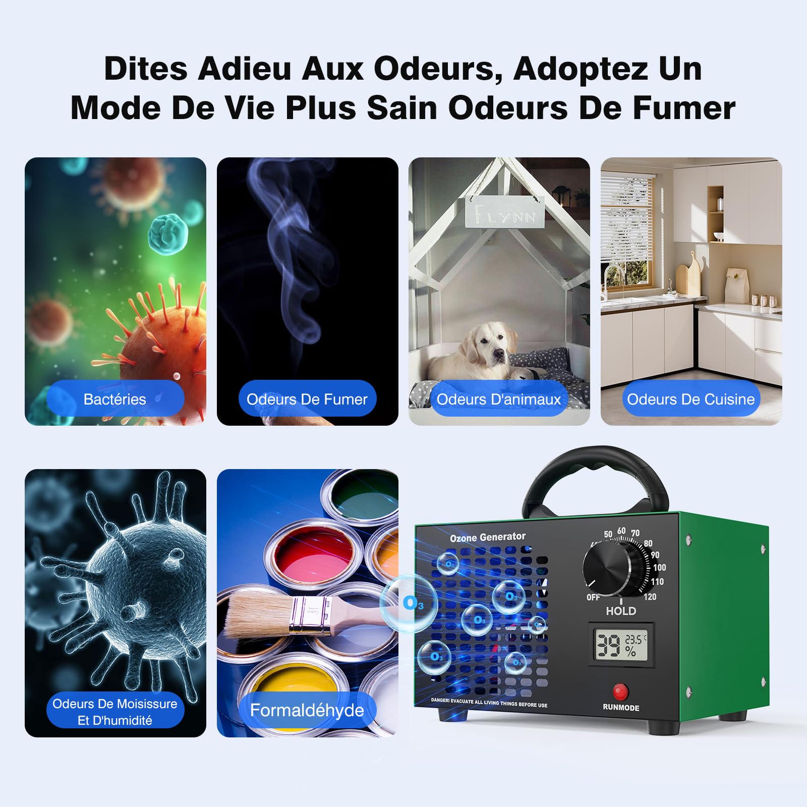 Générateur d'ozone 120 000 mg/g, Minuterie de 120min, pour 500m²