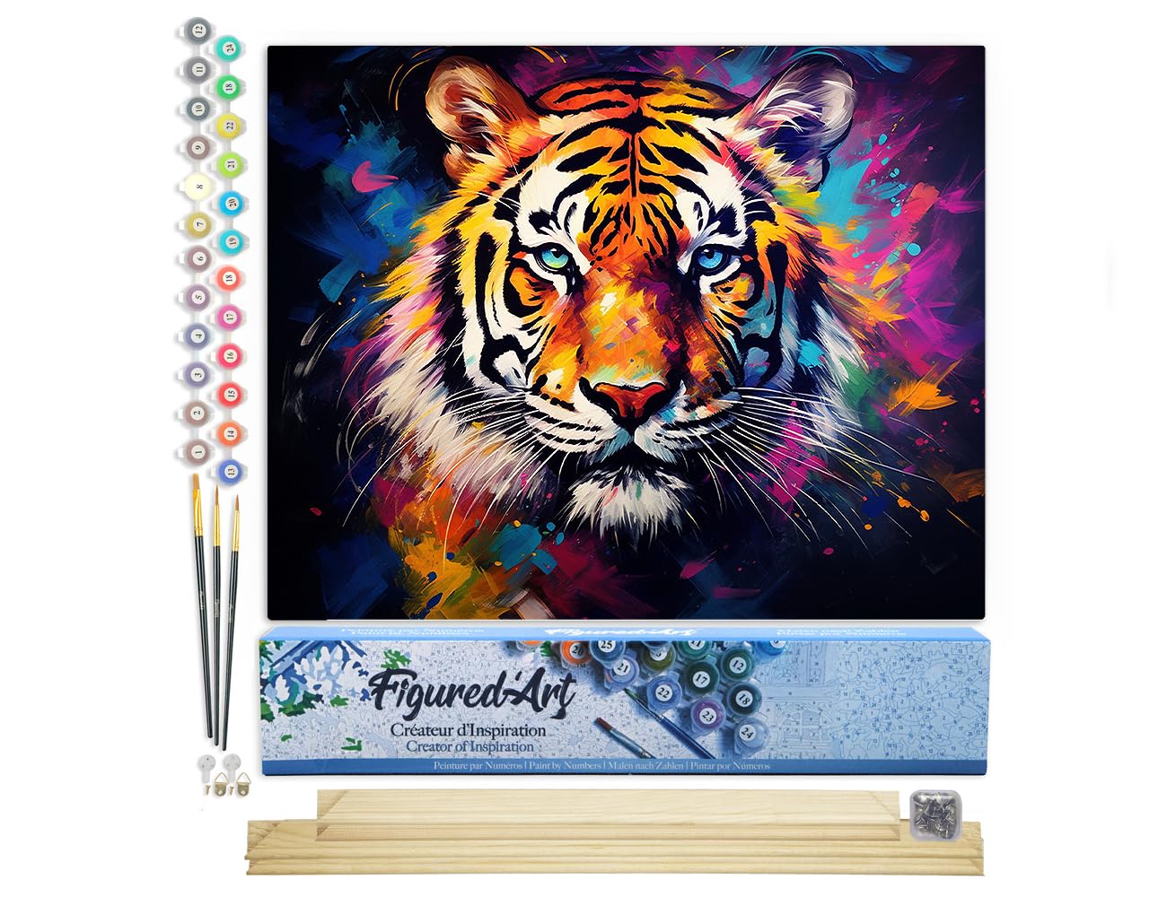 Figured'Art Paint by Number for Adults Colourful Abstract Tiger 40x50cm - Craft Art Painting Rolled Canvas with DIY Wooden Frame