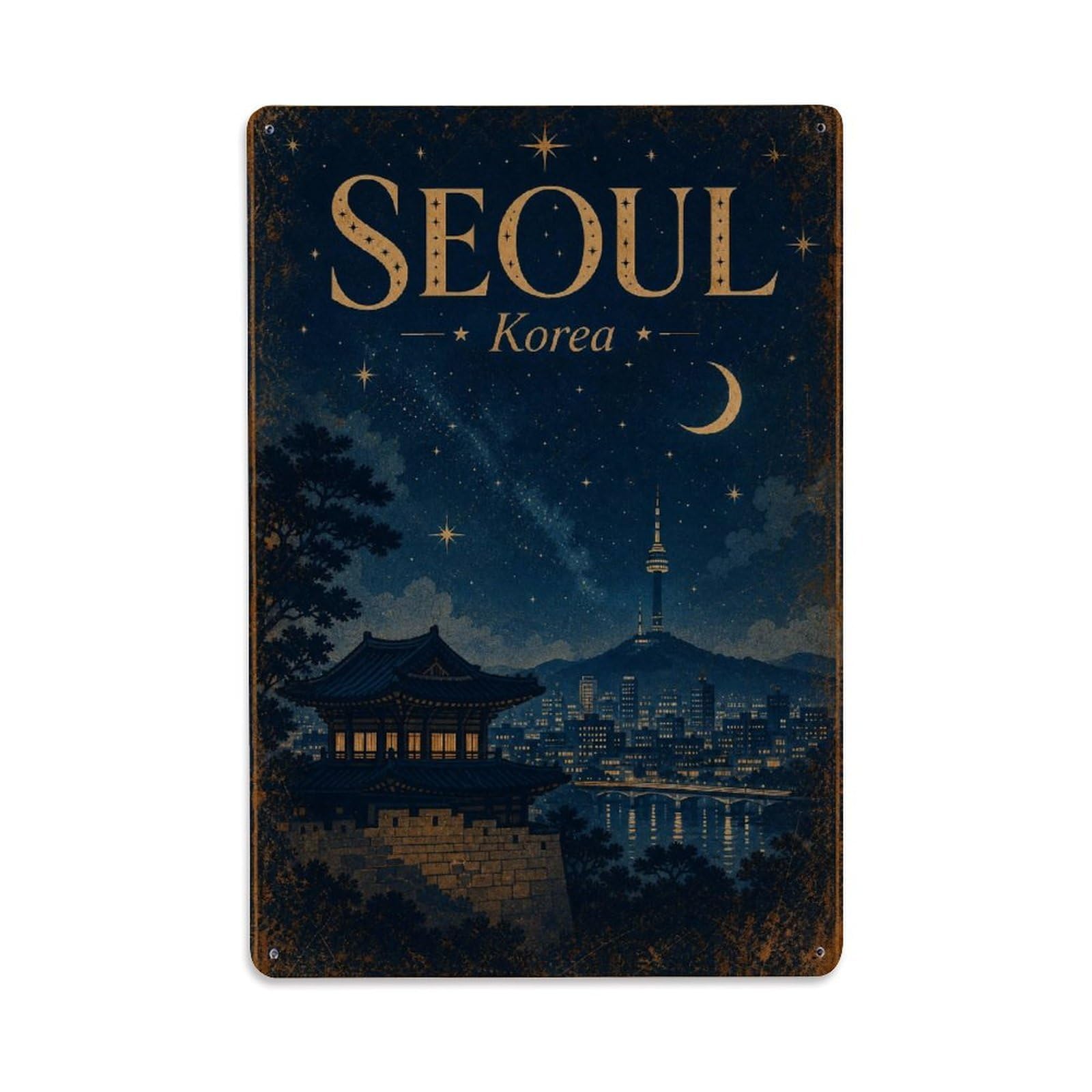 Seoul Korea Moonlit Tower Heritage Regional Travel Metal Tin Sign
