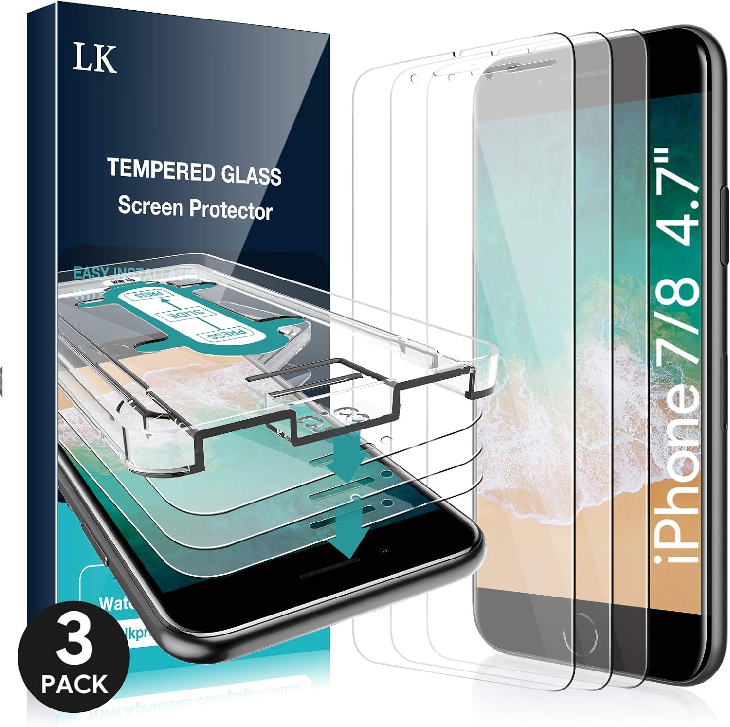 L K [3 Pack] Screen Protector for iPhone 7, iPhone 8 and iPhone SE (2020) [4.7 inch] [Installation Kit Included] Tempered Glass 9H Hardness, Scratch-resistant, Case Friendly