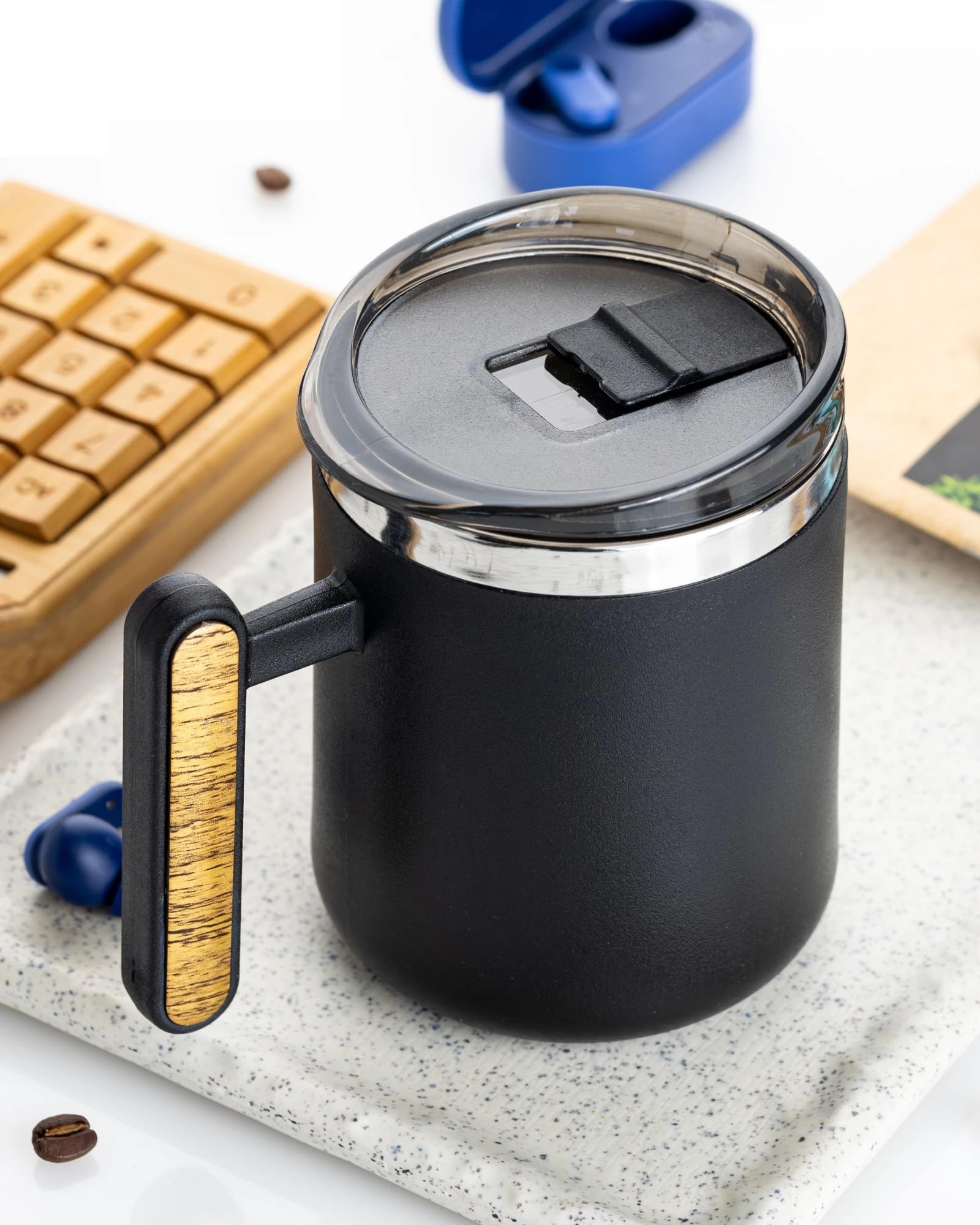 MAGIC PLUS Coffee Mug with Lid for Office - Double Wall Insulation Keeps Coffee Hot for Office, Microwave and Dishwasher Safe, Comfortable Grip, Spill Proof Tumbler with Handle (Black)