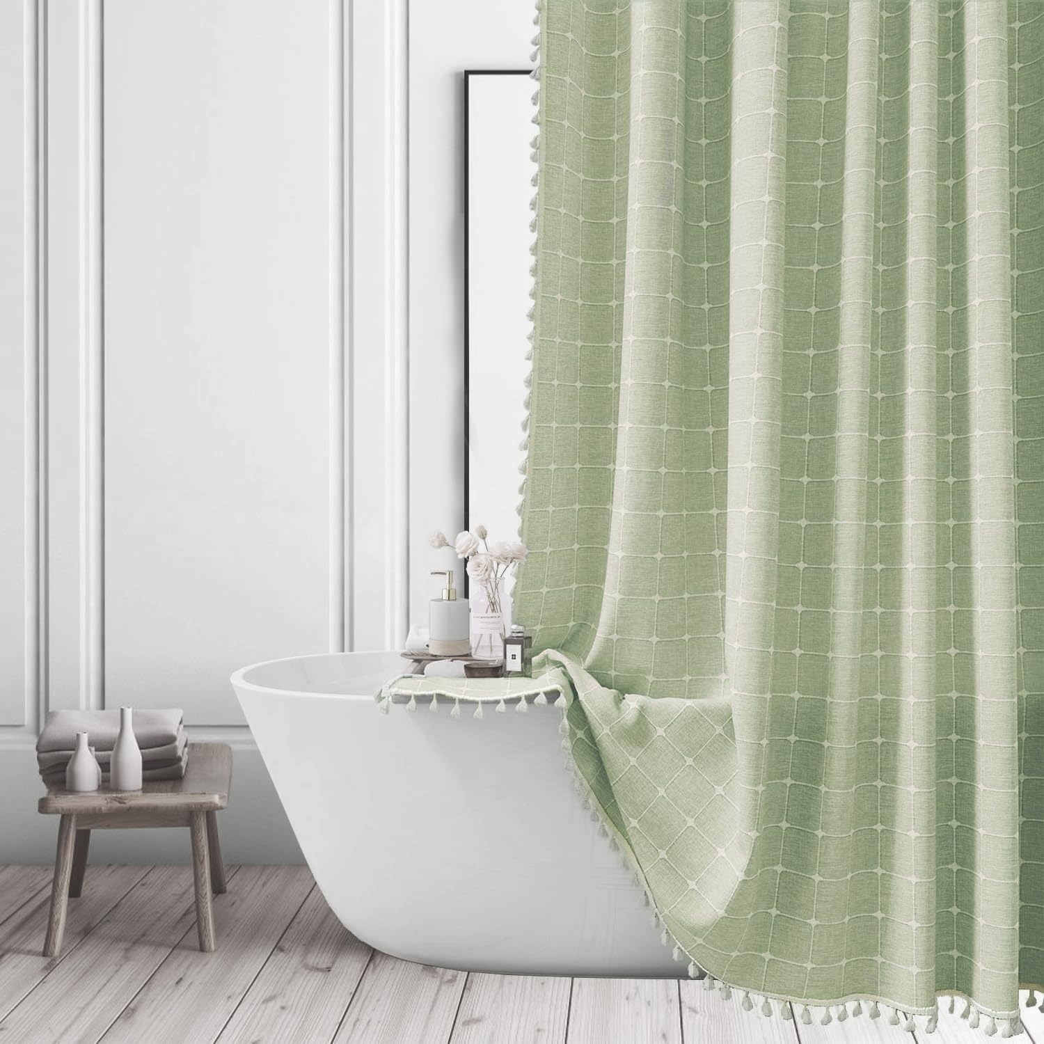 Sage Green Shower Curtain - Farmhouse Boho Modern Linen Fabric Shower Curtains for Bathroom, Vintage Country Heavy Duty Bathroom Curtain Set with Tassel - Chic Bohemian Cloth Shower Curtain 48x72