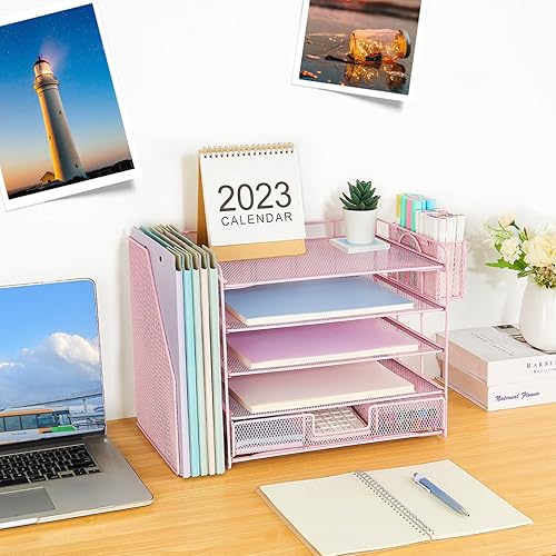Miniatura 2 de Organizador de escritorio con soporte para archivos, bandeja de papel de 5 niveles con cajón y soporte para bolígrafos, accesorios de escritorio y