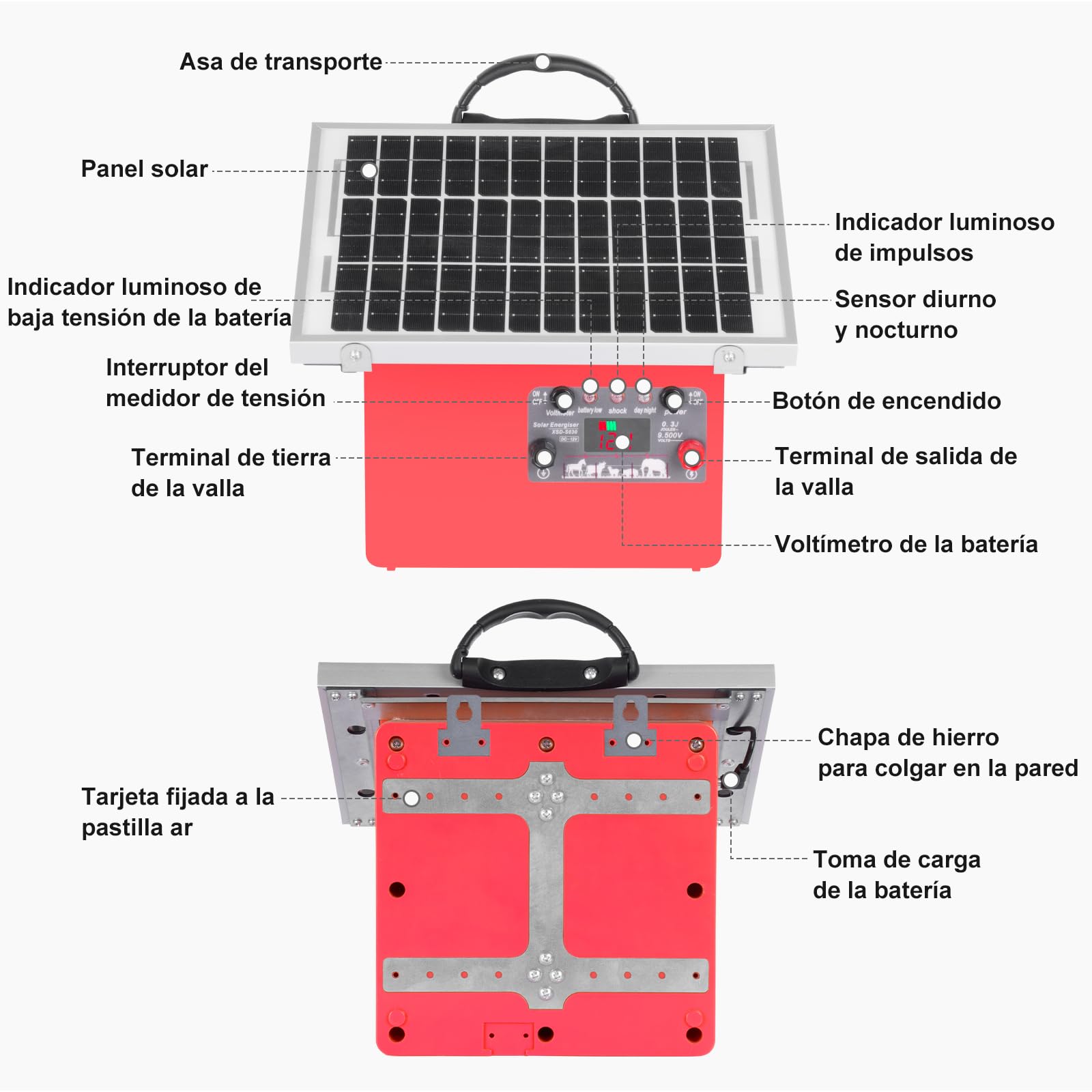 32KM cloture electrique solaire, 9,5 kV Berger électrique Contrôleur pour chevaux, 0,5 J Clôture électrique pour élevage d'animaux de berger, pour ferme, pâturage, jardin (Red)