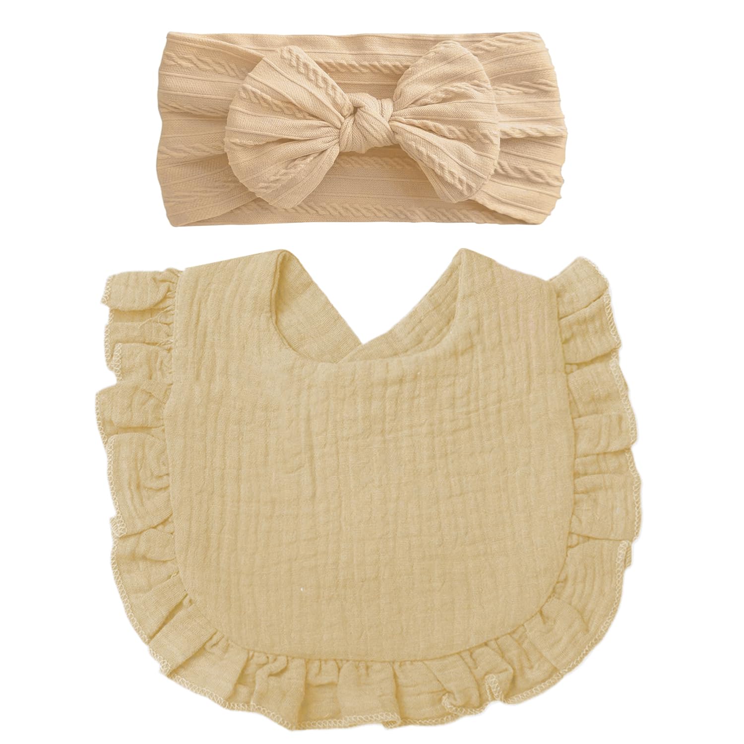 Baby Headband and Dribble Bib Set, Soft Cotton Hairband And Drool Bib for Newborns and Toddlers, Khaki series, 1 count (Pack of 2)