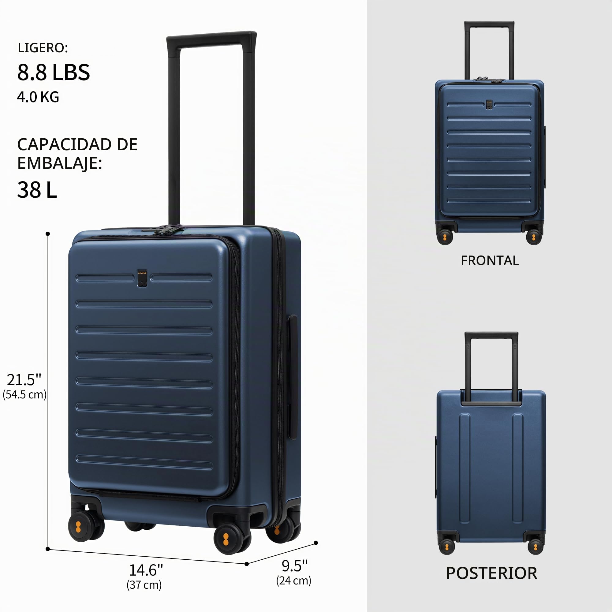 LEVEL8 Maleta Cabina Compartimento PC Rígido TSA 4ruedas 55cm, 38L,Azul | 4ruedas Silenciosa,Policarbonato