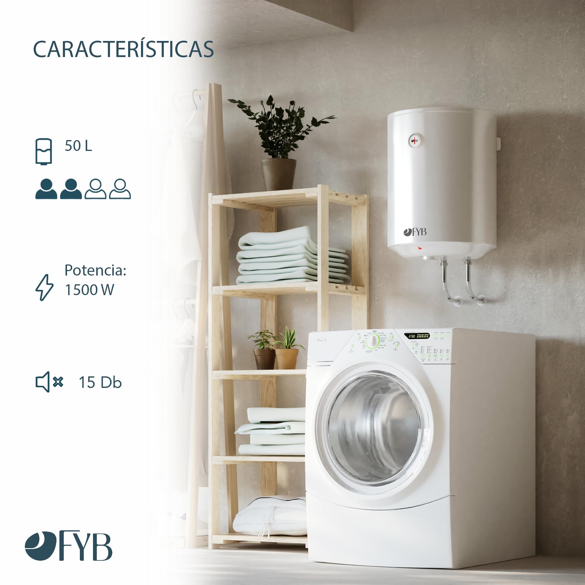 Termo Eléctrico Vertical 50 L Blanco, Clase Energética C, Bajo Consumo, Cuba Vitrificada, Ánodo de Magnesio, Regulador de Temperatura y Protección de Seguridad para uso diario