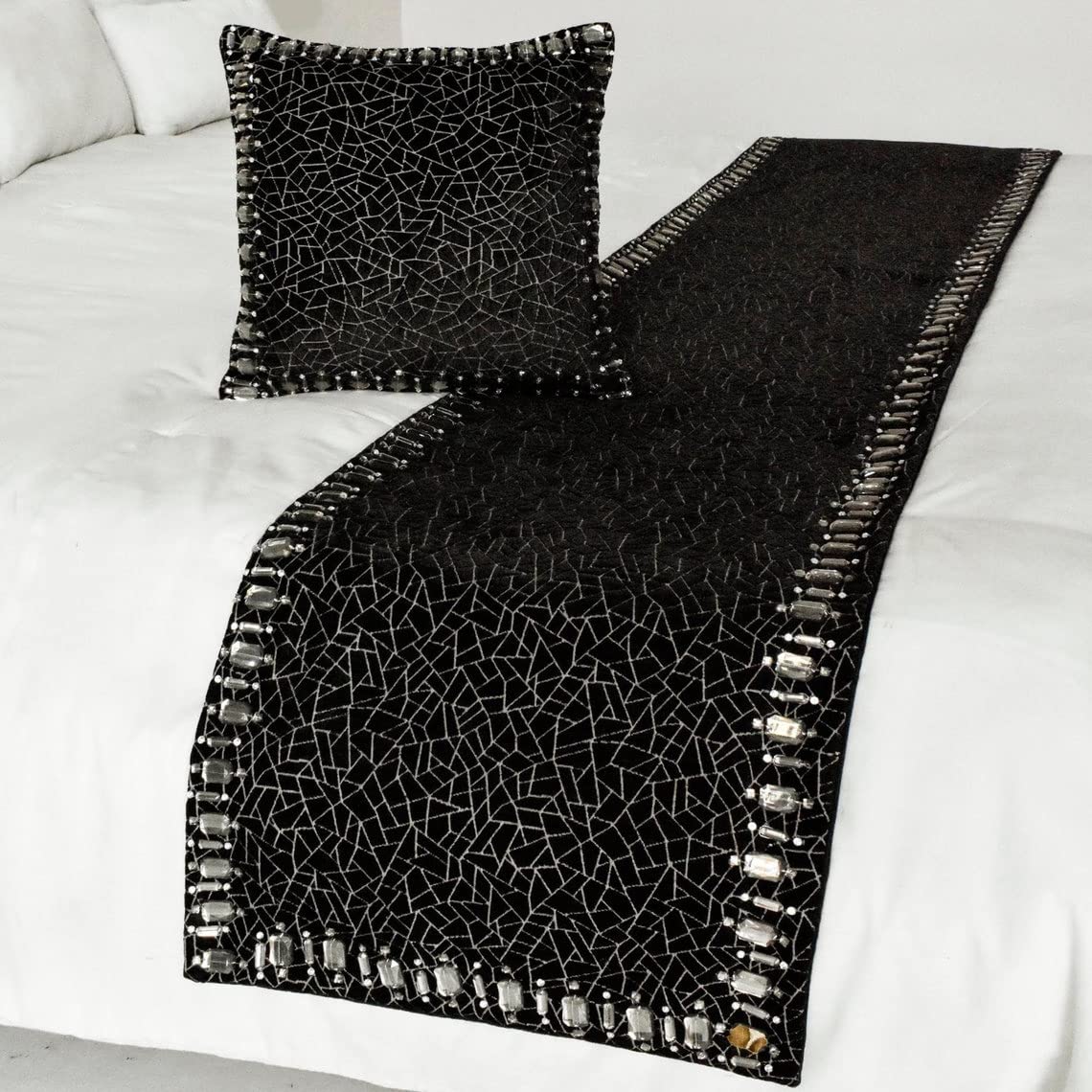 The HomeCentric King/Queen/Twin Black Decorative King 225x45 cm Bed Runner WITH Cushion Cover, Mosaic & Crystal Bed Scarf on Velvet fabric - Mosaic Noir — image 1
