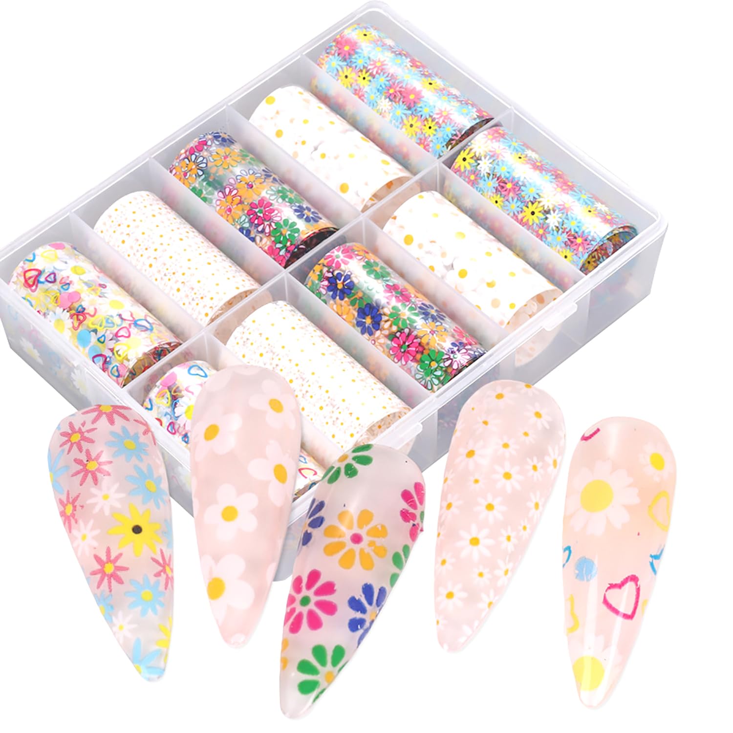 SILPECWEE 10 Rolls Flower Nail Foil Daisy Nail Transfer Foil Holographic Nail Art Foil Iridescent Foil for Nails Fingernail Stickers Nails for Women