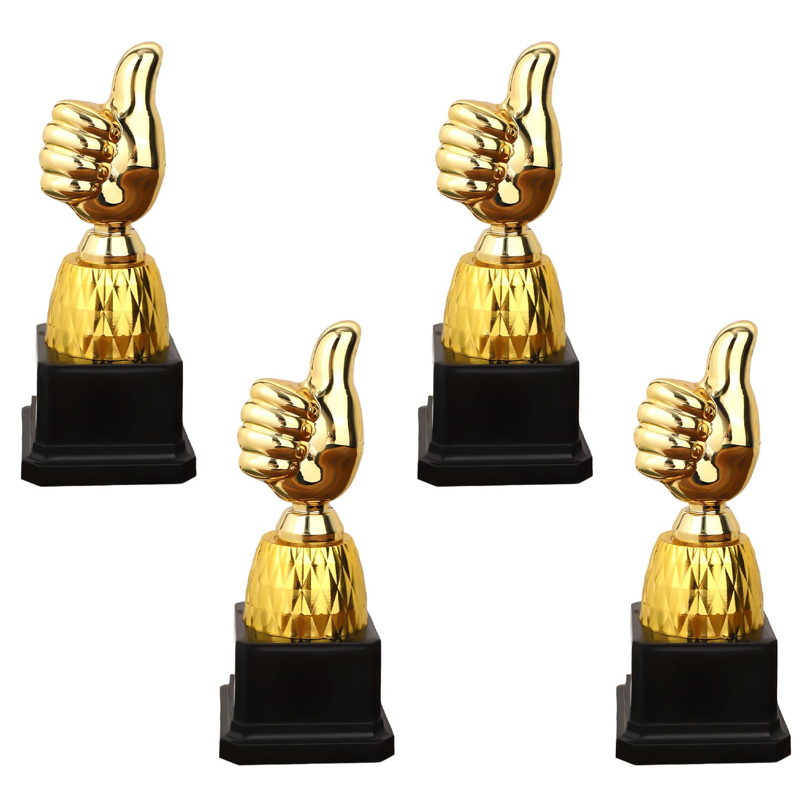4 trofeos dorados con pulgares arriba, 13 cm, grabado divertido de plástico para celebraciones, juegos deportivos, aula, trabajo, competición, recompensas, reconocimiento humorístico