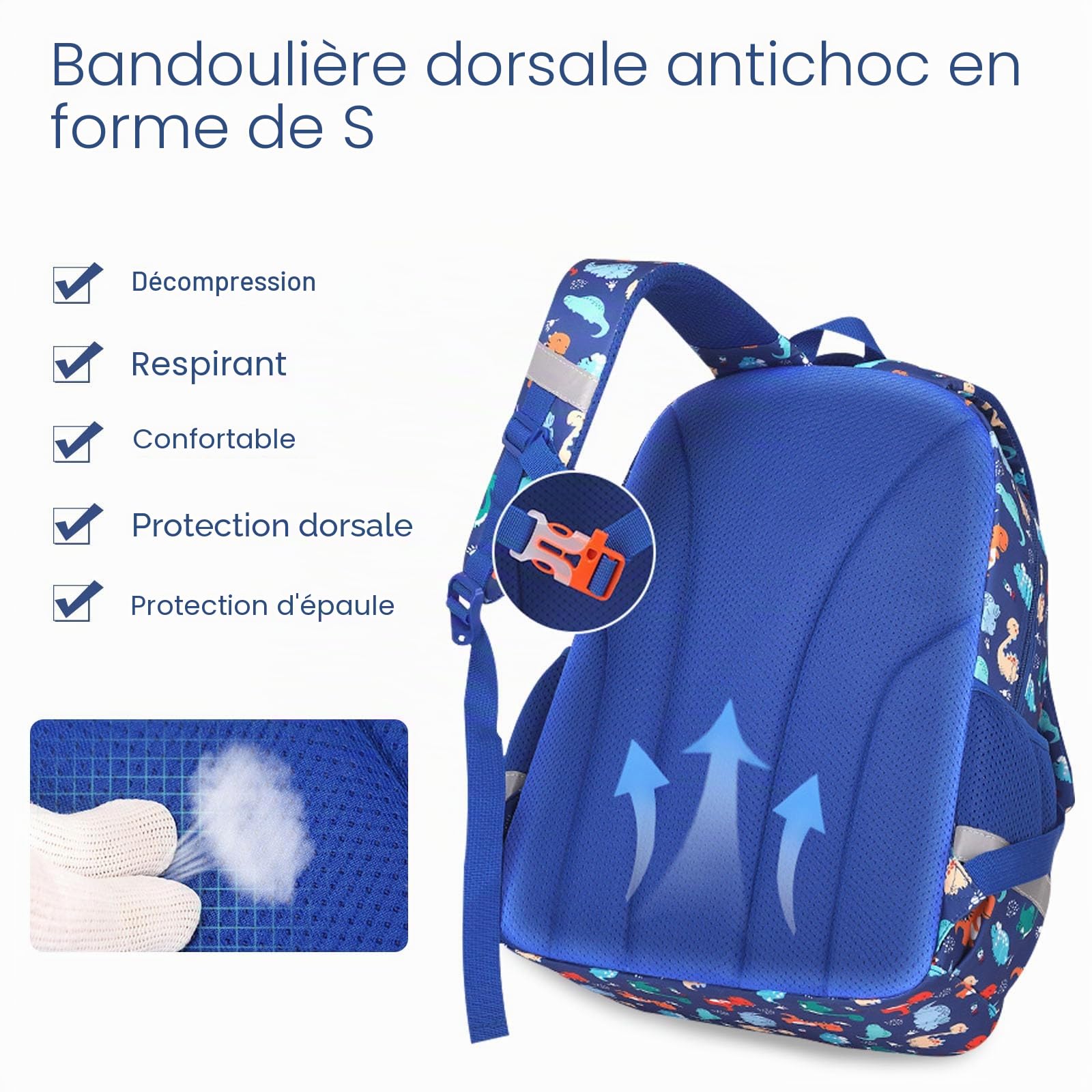 FANDARE Sac à Dos Dinosaure Maternelle avec Bandes Réfléchissantes - Cartable Scolaire Garçon/Fille Stitch Bleu
