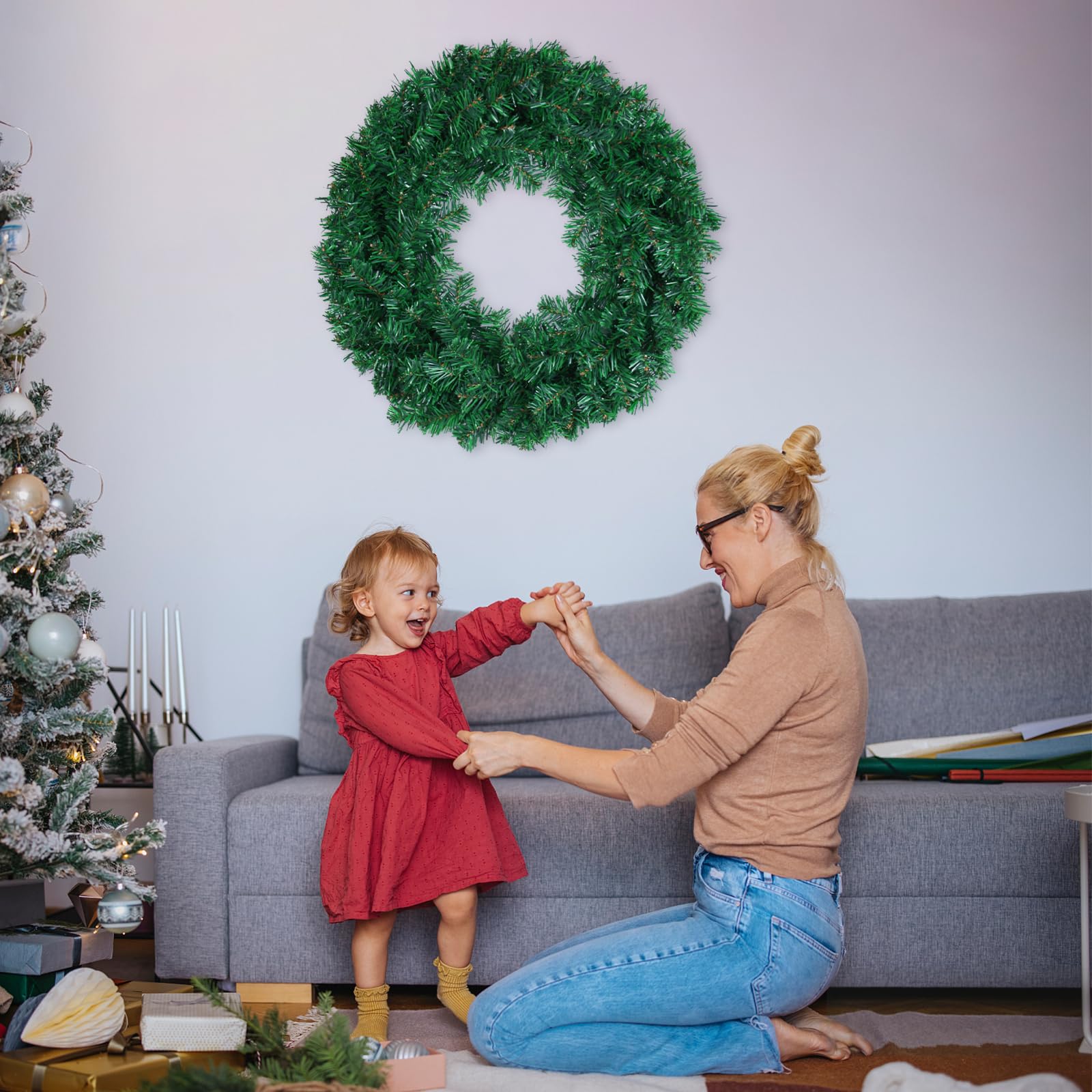 Couronne de Noël artificielle verte, couronne de pin de Noël de 40 cm, couronnes unies artificielles à faire soi-même, couronne de Noël canadienne, couronnes de vacances, décoration murale de porte d