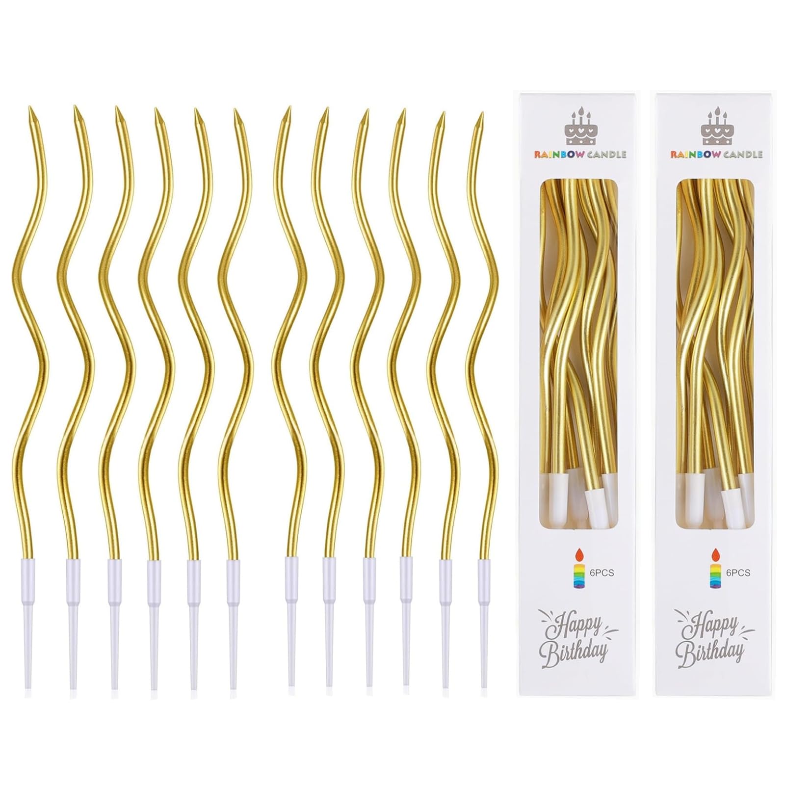 Fuzvol Spiral Gold 12Pcs Birthday Candles, Spiral Cake Candles Twisty Birthday Candles For Party Wedding Decoration Cupcake Candles With Holders
