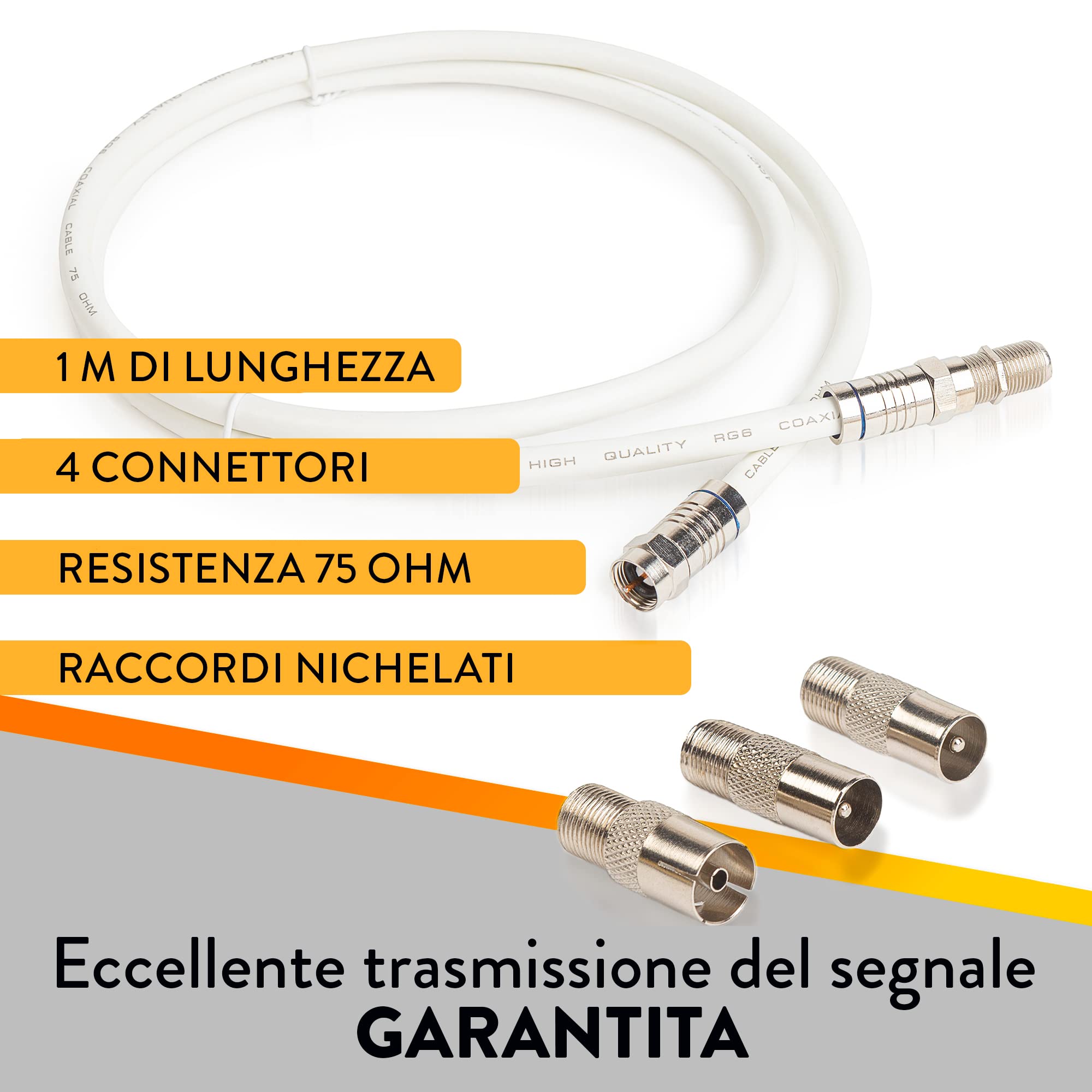 ASNQ Cavo Antenna TV 1 metri RG6 75 OHM - Cavo Coassiale premium ad Alta Velocità, per connessioni Internet, TV Digitale, Satellite, Antenna - Con 4 Connettori per prolunghe Cavi