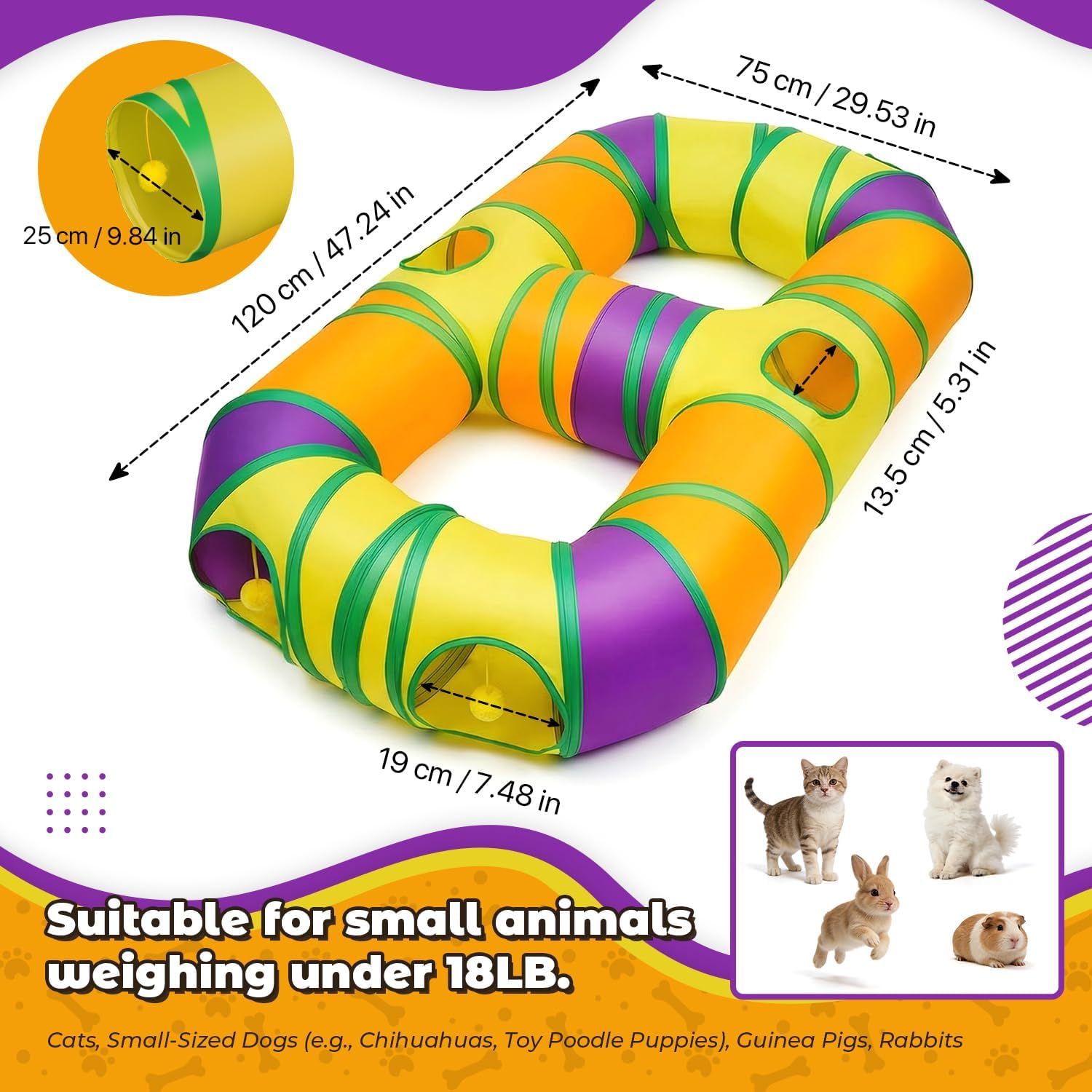 Cat Tunnel for Indoor Cats 8-Shaped, Collapsible Cat Playhouse Pet Play Tunnel Tube Maze with Hanging Pom-poms and Interactive Hole for Kitten, Kitty, Puppy, Rabbits, Ferret, Guinea Pig