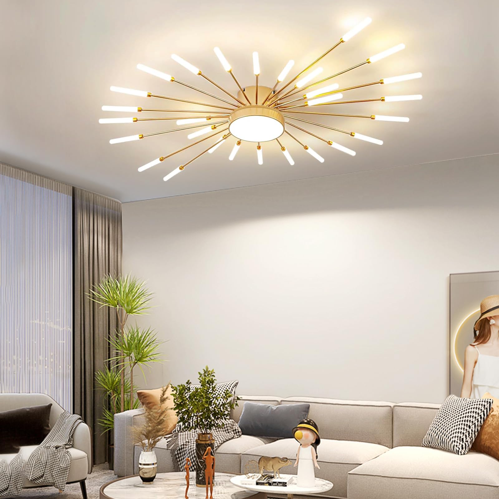 Mikeru Ceiling Light, 3000K/4500K/6500K Dimmable Ceiling Light, Brightness Adjustable 10%–100%, Metal Firework Design, 28+1 Lights, Suitable for Living Rooms, Bedrooms, Dining Rooms, Gold