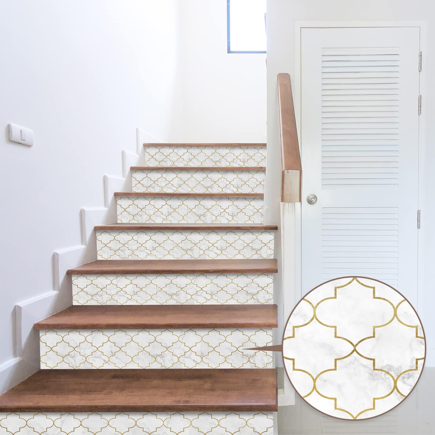 funlife 13Pcs Scandinavian Style Stair Riser Peel and Stick Vinyl Decals, Self-Adhesive Staircase Stickers, 39.37"x7.09" Inlaid Gold Lantern Pattern