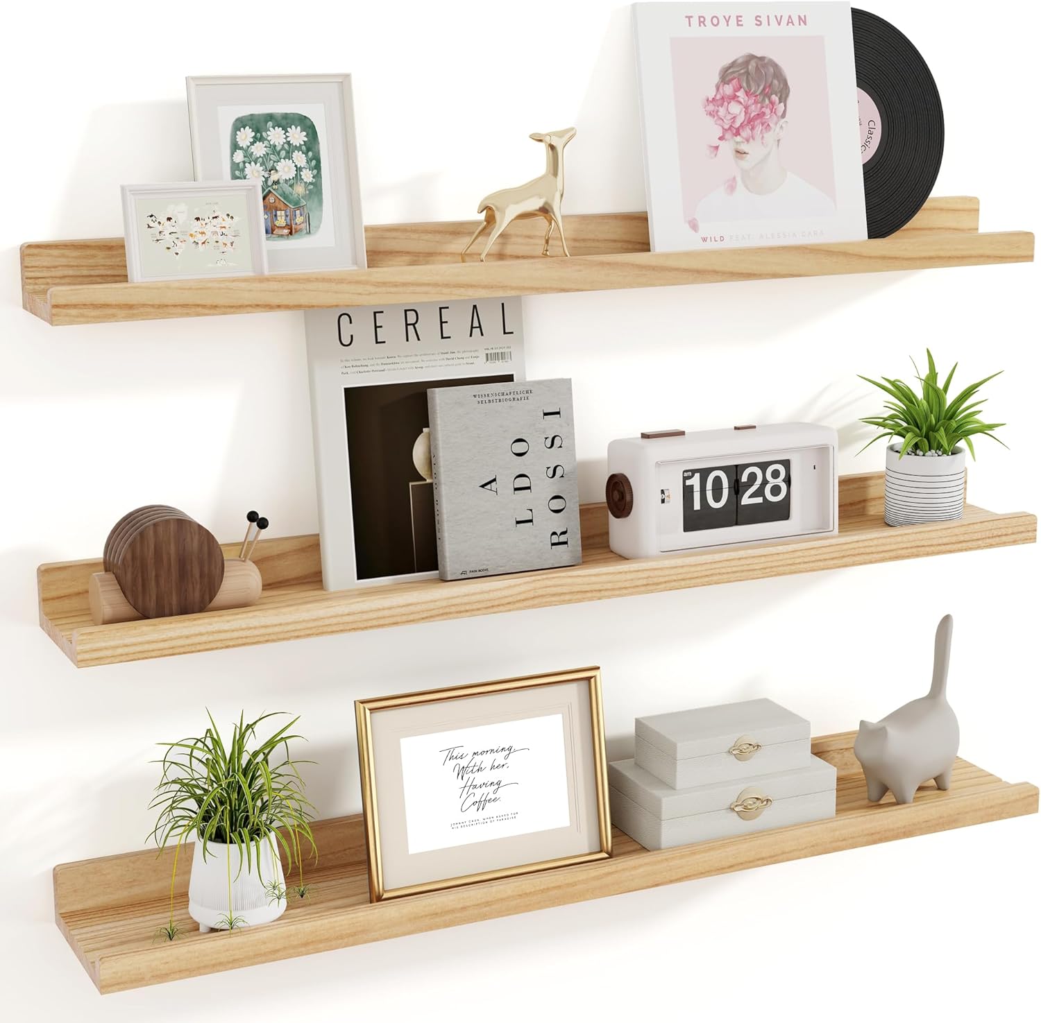 Picture Ledge Shelf Set of 3, 36 Inch Natural Wood Rustic Floating Shelves with Lip for Wall Storage, Nursery Floating Book Shelves for Living Room Bathroom Bedroom Kitchen, Natural 36inch, Set of 3 Natural