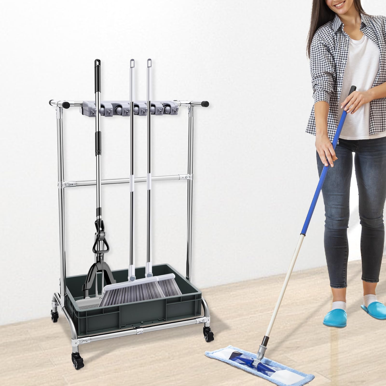 Mopphalter besenhalter Aufbewahrung für Reinigungsgeräte mit 10 Schlitze,Mobiler Reinigungswagen,löst das Problem von tropfenden Mopps und nassen Böden,Freistehend Mop Gerätehalter