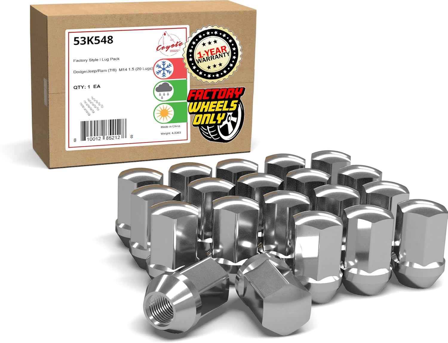 Wheel Accessories Parts 20 Pcs M14x1.5 14x1.5 Thread Premium OEM Style Lug Nuts 1.65" Long Chrome 7/8" 22mm Hex Fits Jeep Wrangler Gladiator ｜ RAM 1500 1500 Classic 6509422AA ｜ 611-330