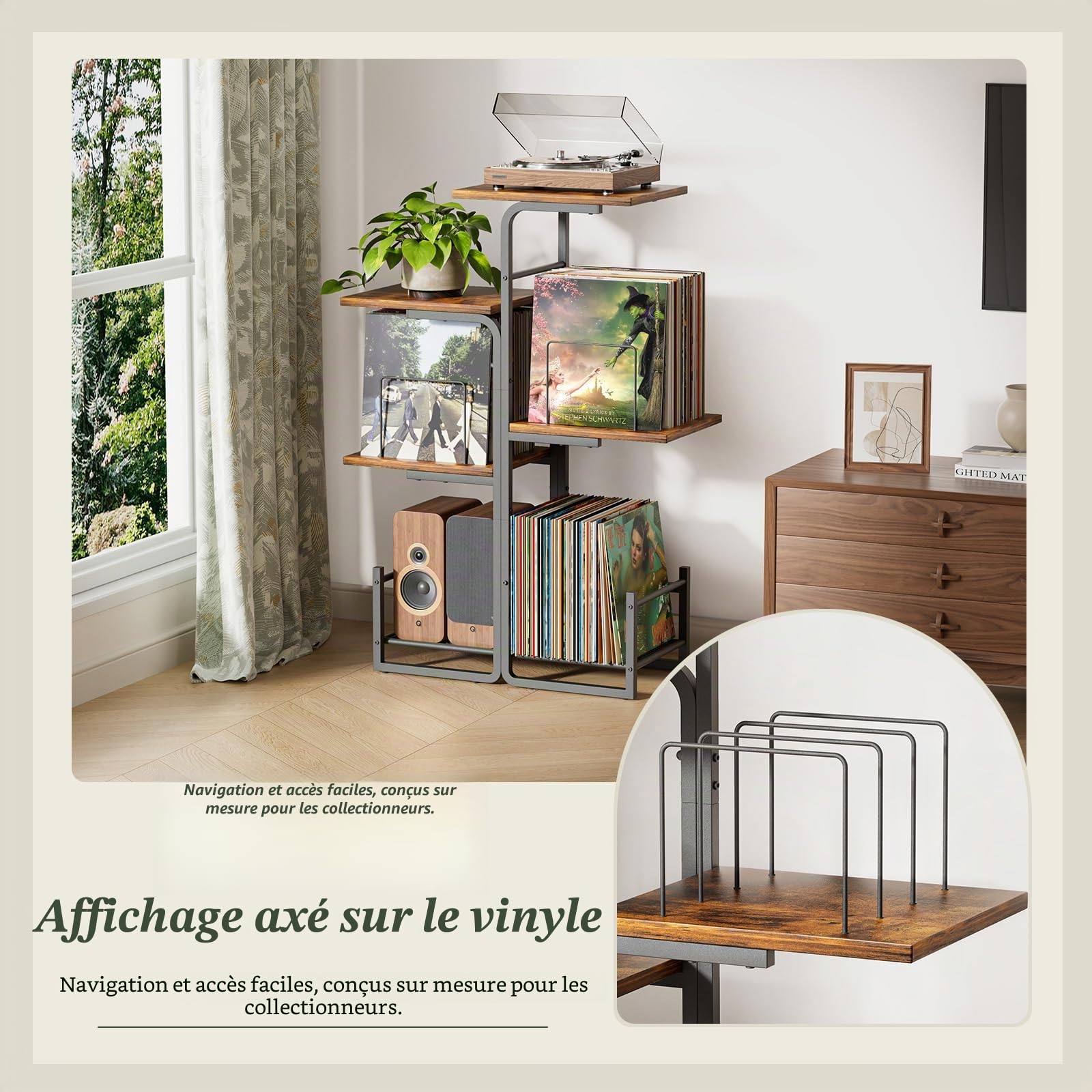 Bikoney Meuble Tourne-Disque Style Vintage avec Grand Rangement Vinyles, Support Platine Vinyle Inspiré Jardinière, Étagère LP et Présentoir Albums pour Salon, Chambre et Petits Espaces