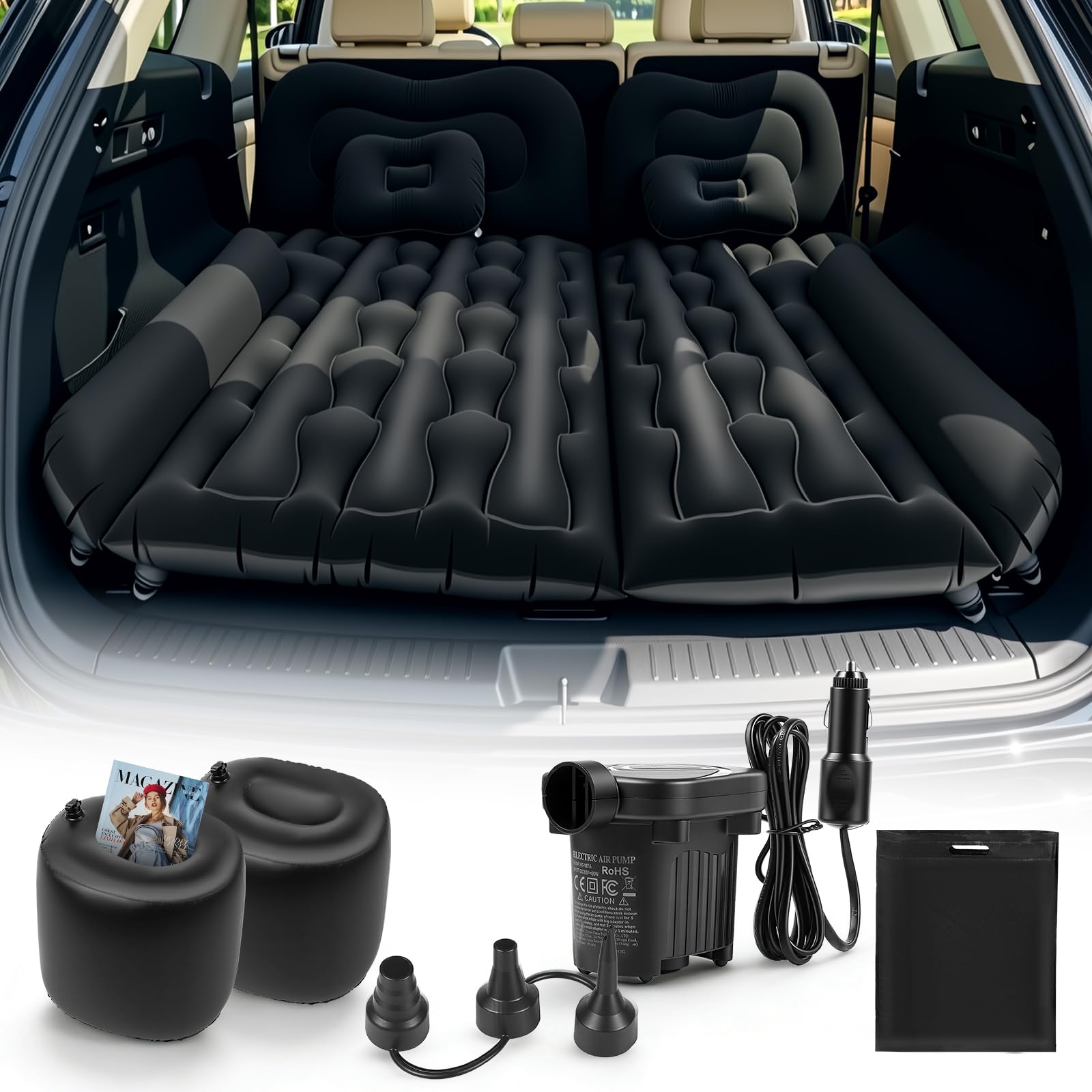Matelas Gonflable Voiture, Matelas de Camping SUV pour Coffre et Banquette Arrière, Pompe 12V Incluse + 2 Oreillers ,2 Remplisseurs, Surface Flockée Douce Étanche, Convient Voiture RV MPV Fourgonnette