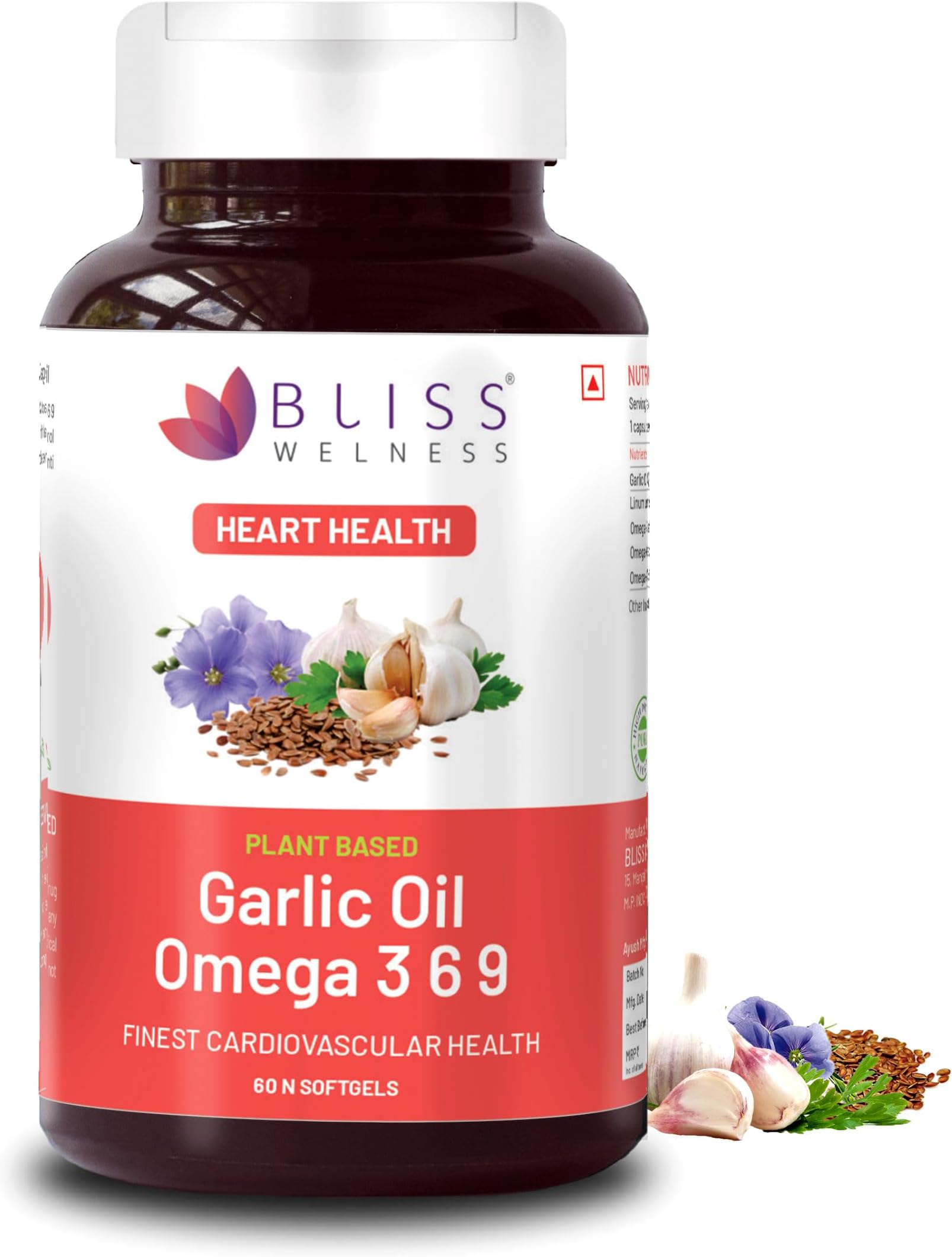 Bliss WelnessOrganic Garlic Oil + Omega 3 6 9 | Cholesterol & Lipid Profile Management Immunity Boost Heart Health Antioxidant | Cold Pressed Health Supplement - 60 Softgel Capsules