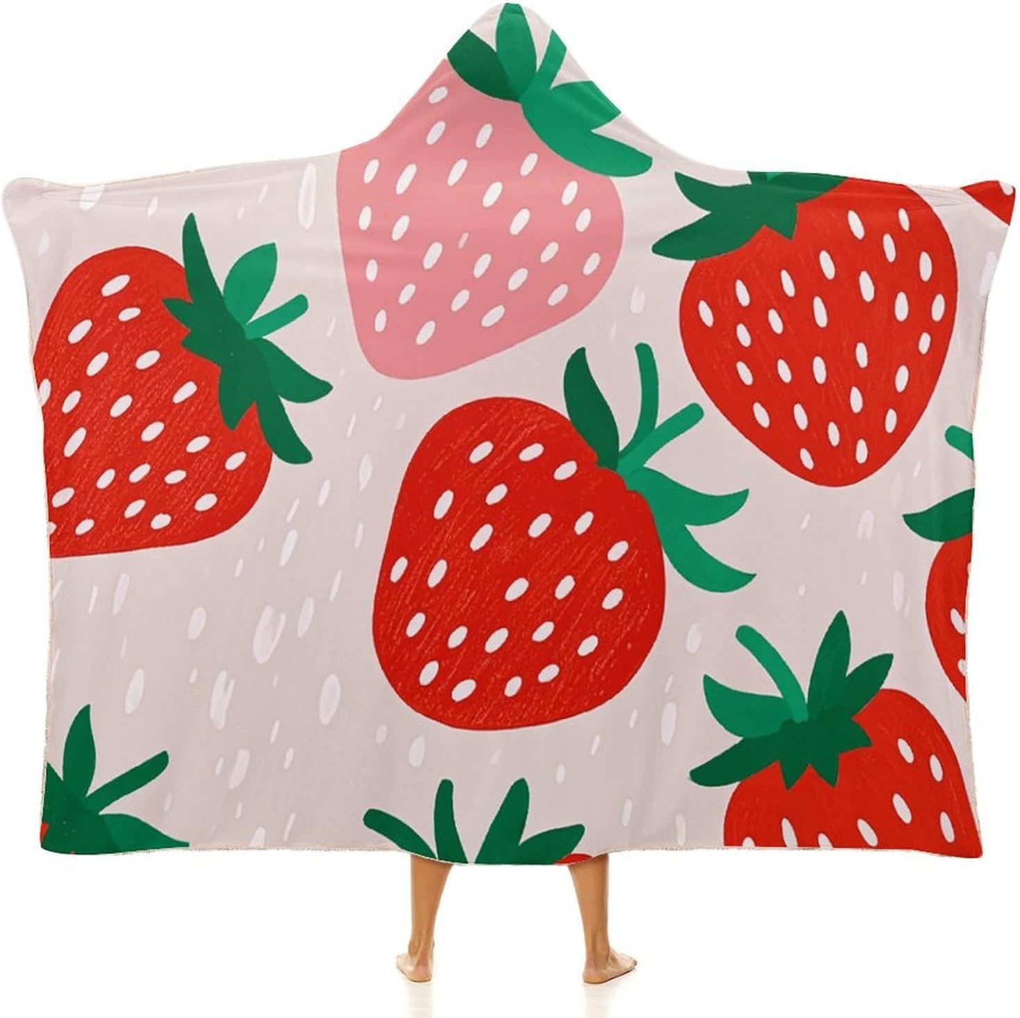 Lovely Strawberry Print Wearable Fleece Blanket with Hood for Men & Women Oversized Hoodie Blanket Soft Cozy Gift-