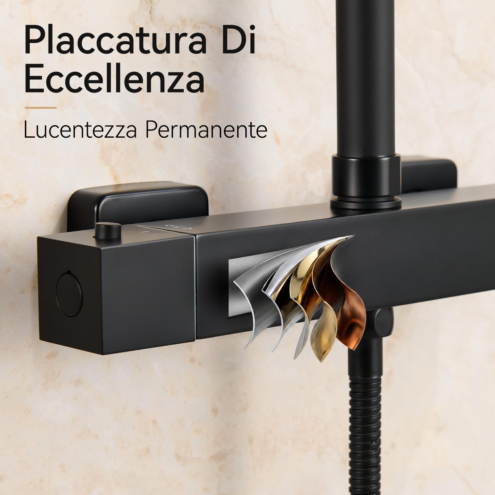 Auralum Miscelatore Termostatico Doccia con 2 Uscite, Attacco Standard Europeo G1/2, Distanza Installazione 150mm±10mm, Miscelatore Doccia Esterno Nero, Rubinetto Doccia da Muro Forma Rettangolare