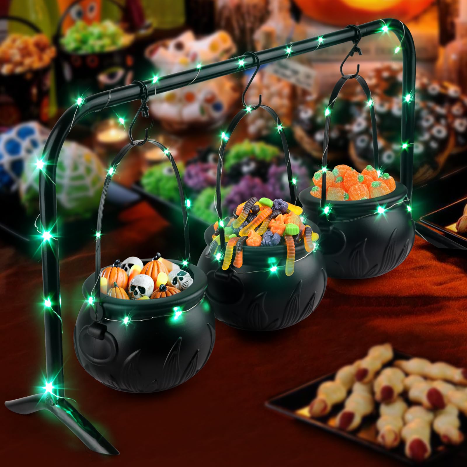 Halloween Decor Set of 3 Witches Cauldron Serving Bowls On Rack Black Plastic Candy Bowls for Halloween Party Decorations Indoor Outdoor Home Kitchen Tabletop Decor