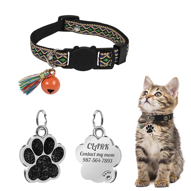 Uiopa Collar Gato con Chapas Personalizadas, Collar Gato Personalizado Antiahogo con Campana y Borla