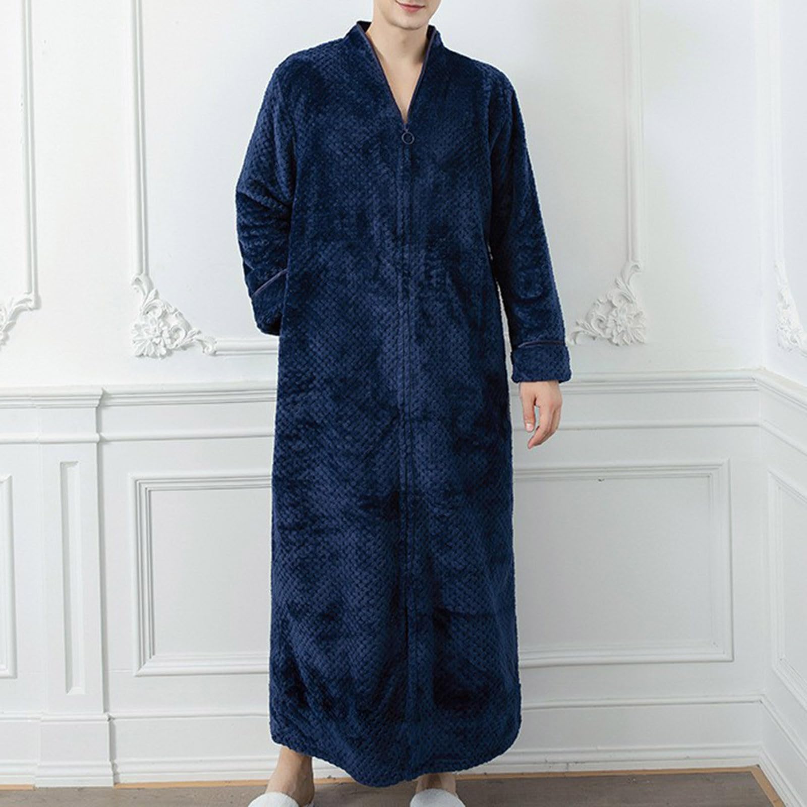 Generisch Bathrobe - Albornoz para hombre, pijama de terciopelo coral para invierno, talla holgada, calor extendido, ropa de casa engrosada de felpa