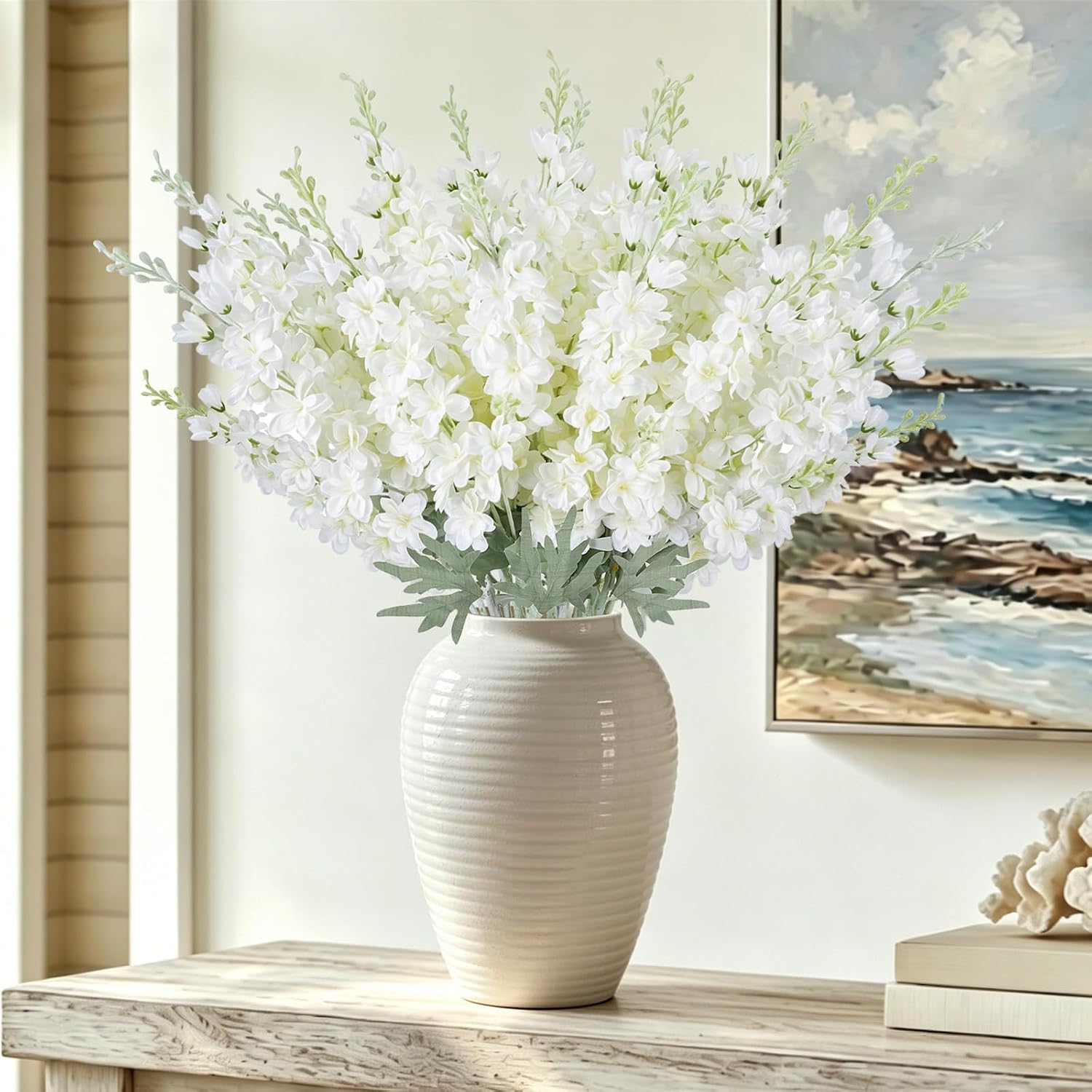 24Pcs White Delphinium Artificial Flowers Bulk 33.5" Long Stem Silk Delphinium for Tall Vase Look Real Wedding Event Larkspur Flowers for Table Centerpieces Home Garden Outdoor Decor