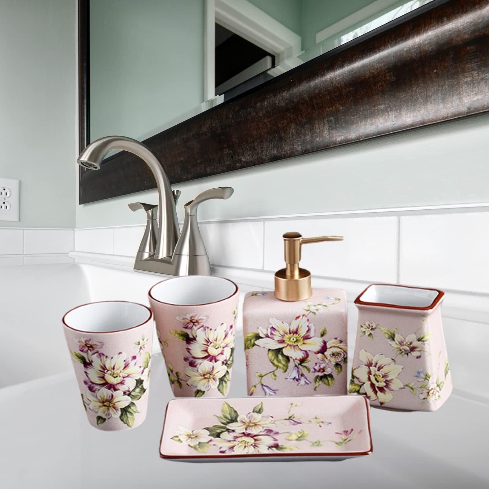 Set di accessori per il bagno Inclusi 1 portaspazzolino, 2 bicchieri for gargarismi, portasapone, dispenser for lozione, 5 pezzi Arredamento per gli affittuari(Pink)
