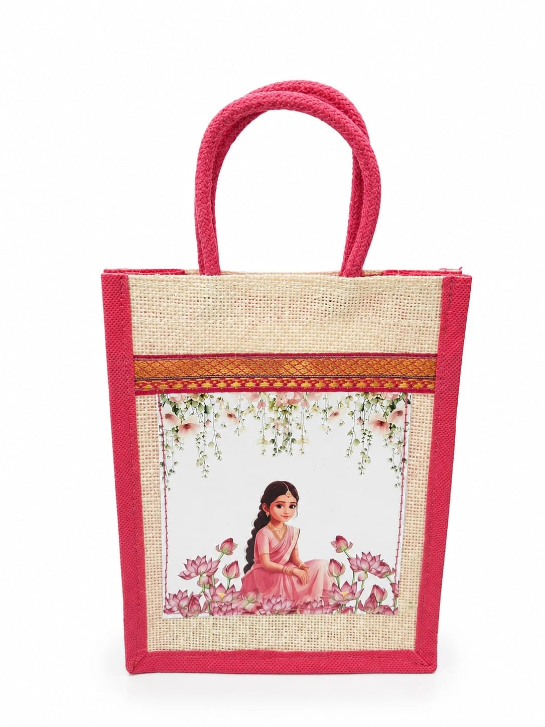 Pixel Bag Puberty Function Jute Return Gift Bag for Girls | Floral Princess Print Reusable Tote Bag for Half Saree Ceremony & Festive Gifting | 8x10x4.5 Inch-image-43