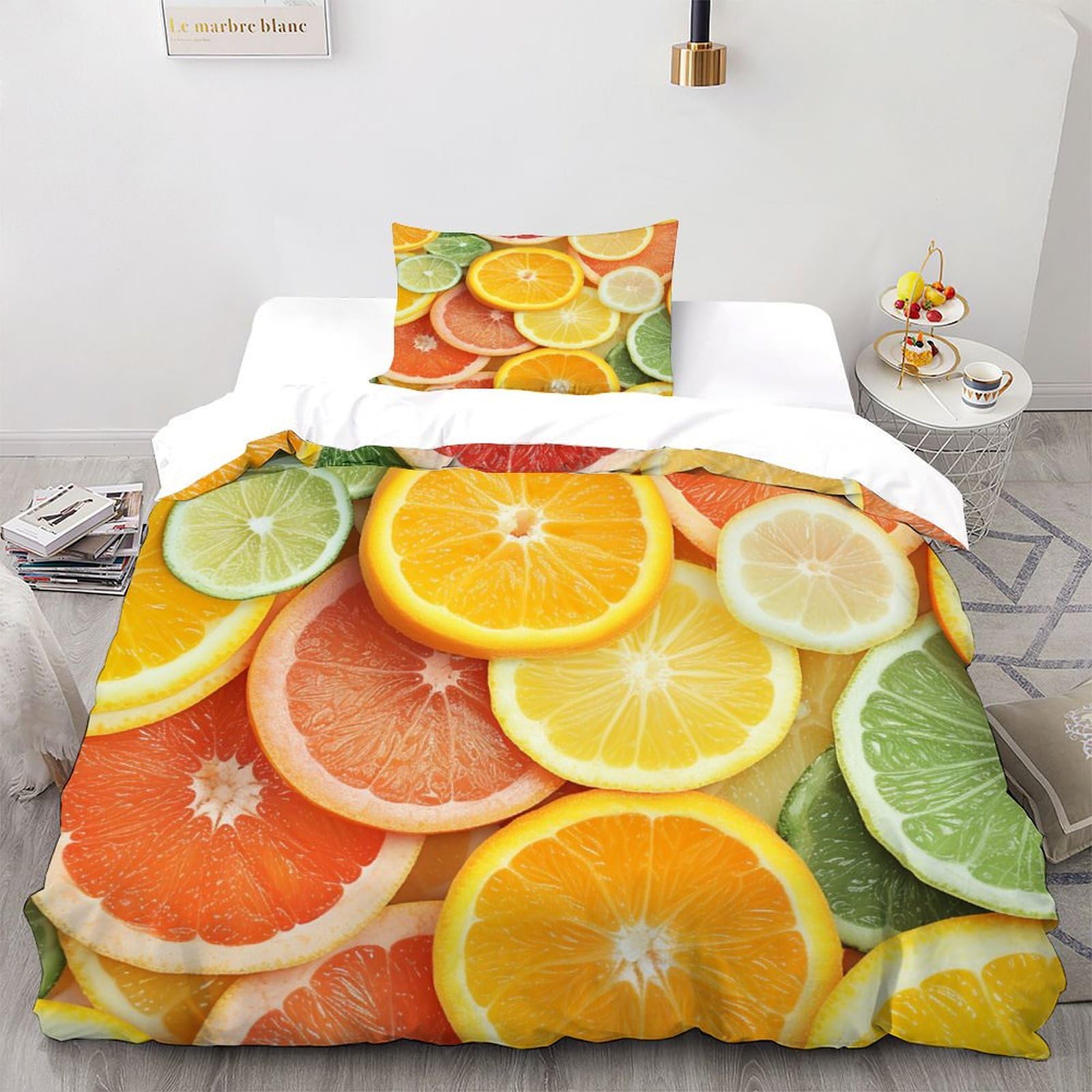 Housse de couette 2 pièces orange motif fleuri lit single zip