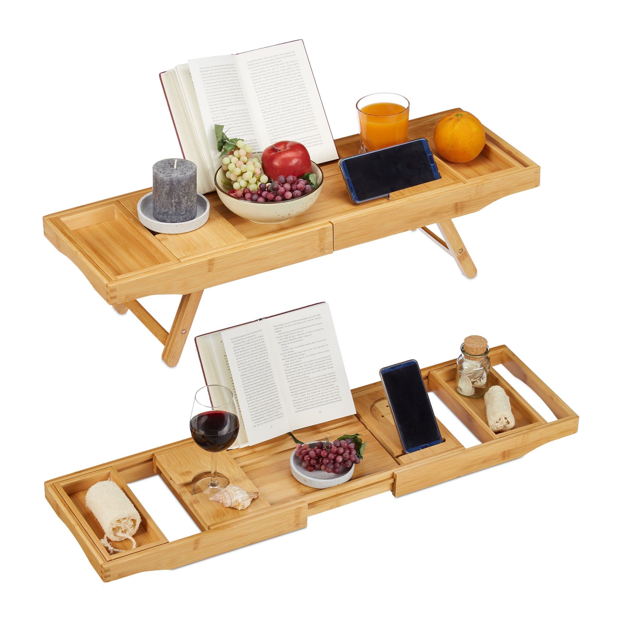 Badcaddy met kaars, wijnglas, boek, tablet, ipad & telefoonhouder. Uitschuifbare/verstelbare brug, natuurlijk hout over badblad 100% bamboe (bruin met opvouwbare poten