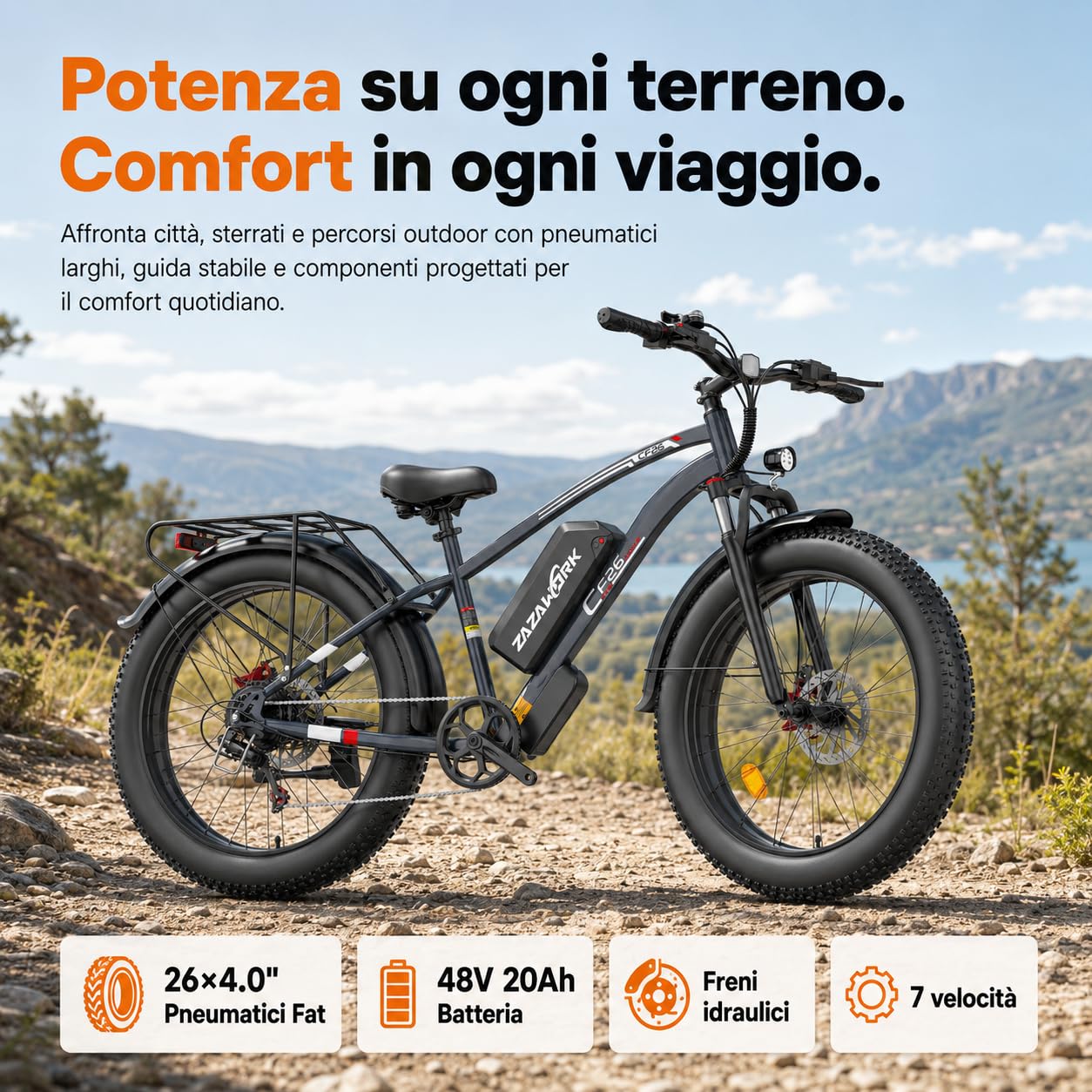 CF26 Bicicletta Elettrica Uomo 26x4.0 pollici Fatbike 48V20AH Batteria Rimovibile Mountain Bike Elettrica Pedalata Assistita 120Km Motore 250W 62Nm 7 velocità Adatto a tutti i terreni