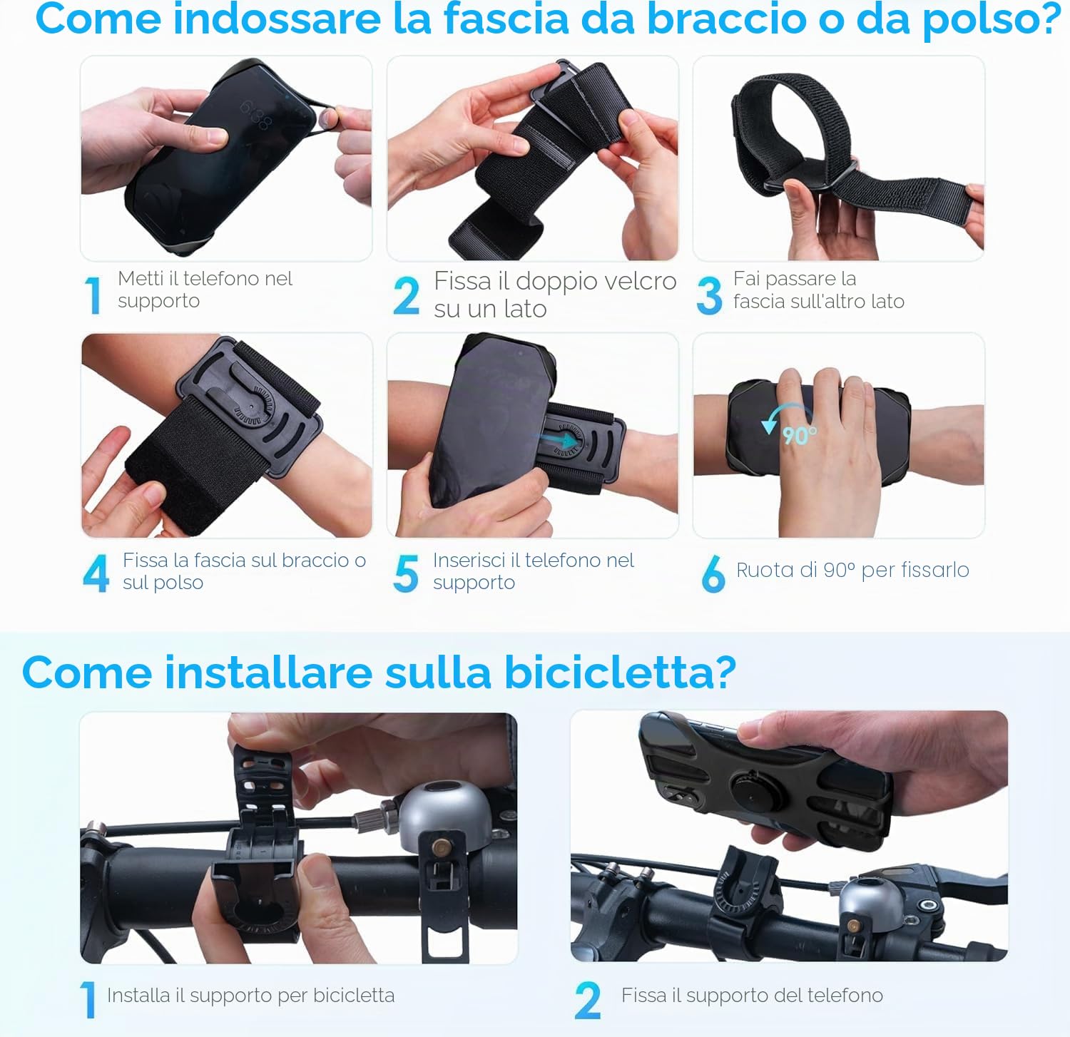 Cikyner Cinturino sportivo 3 in 1 per cellulare, corsa e bicicletta, girevole 360° e rimovibile, universale da 4,5-7" iPhone Huawei