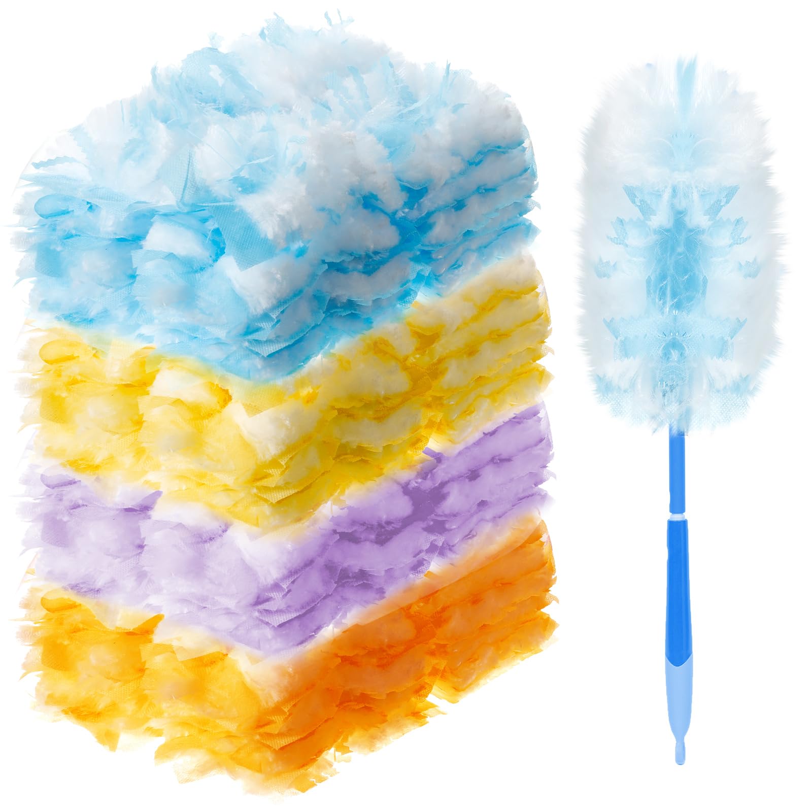 Vesici 150 Pcs Duster Refills Compatible with Swiffer Dusters Bulk Disposable Replacement Thickened with 1 Handle Heavy Duty for Cleaning, Office (Yellow,Blue,Orange,Purple)