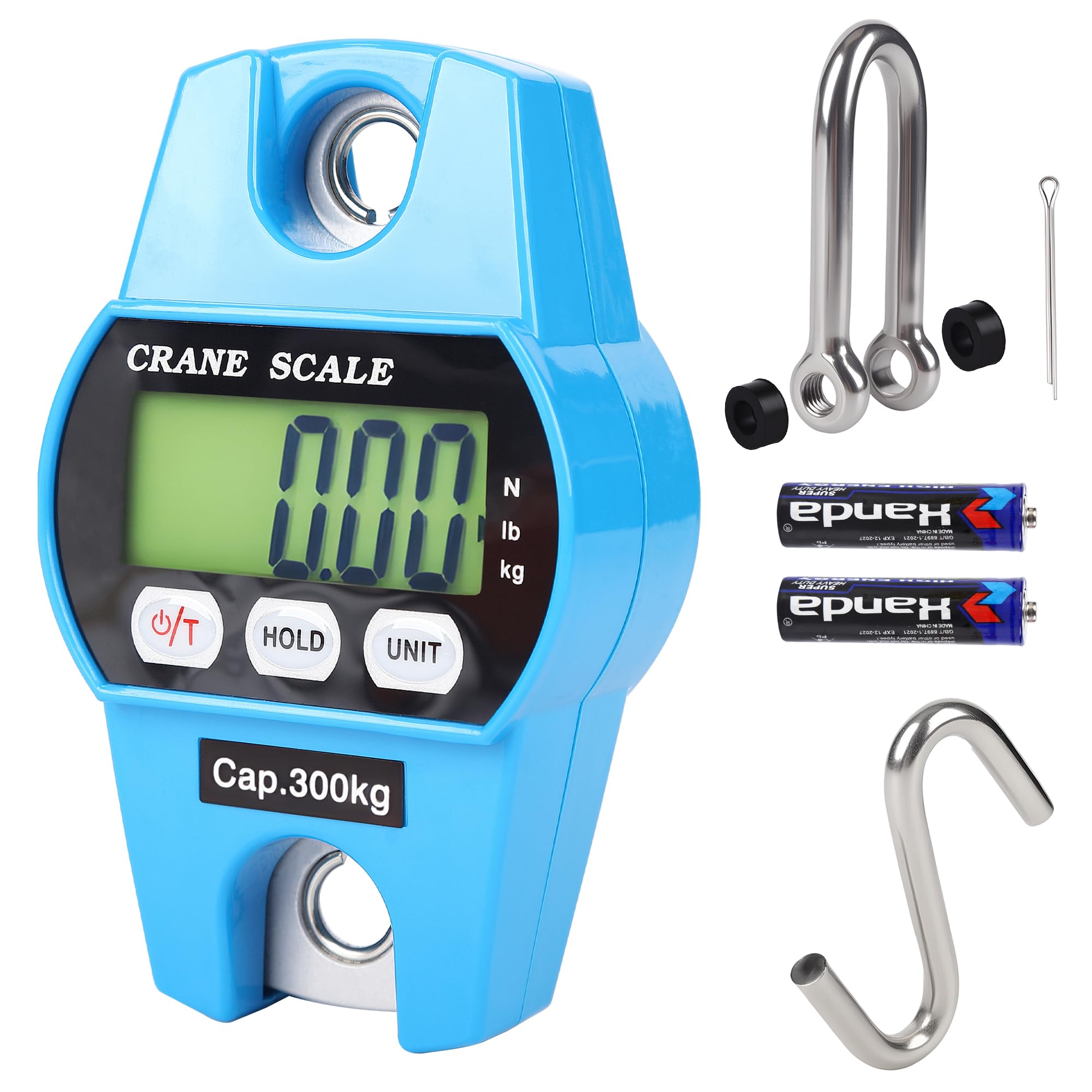 Digital Crane Scale 300kg/660lbs 200kg/440lbs with LED Handheld Mini Hanging Scale for Garage Farm Hunting Fishing Etc(300kg/Plastic Shell/Blue)