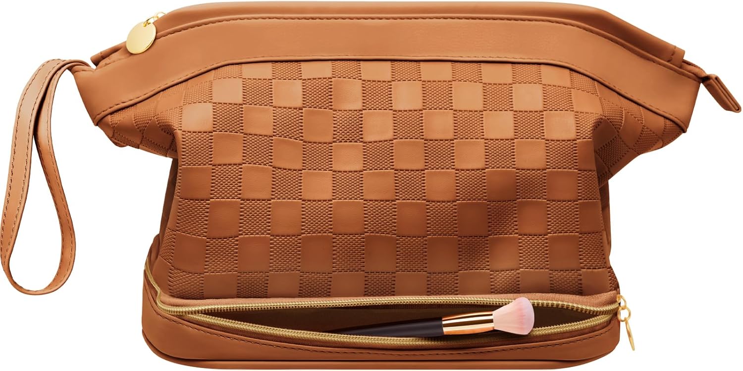 Hairao Toiletry Bag for Women, Large Makeup Bag with Double Layer Design, Waterproof Checkered Makeup Organizer Bag, PU Leather Cosmetic Travel Bag with Brush Compartment, Brown