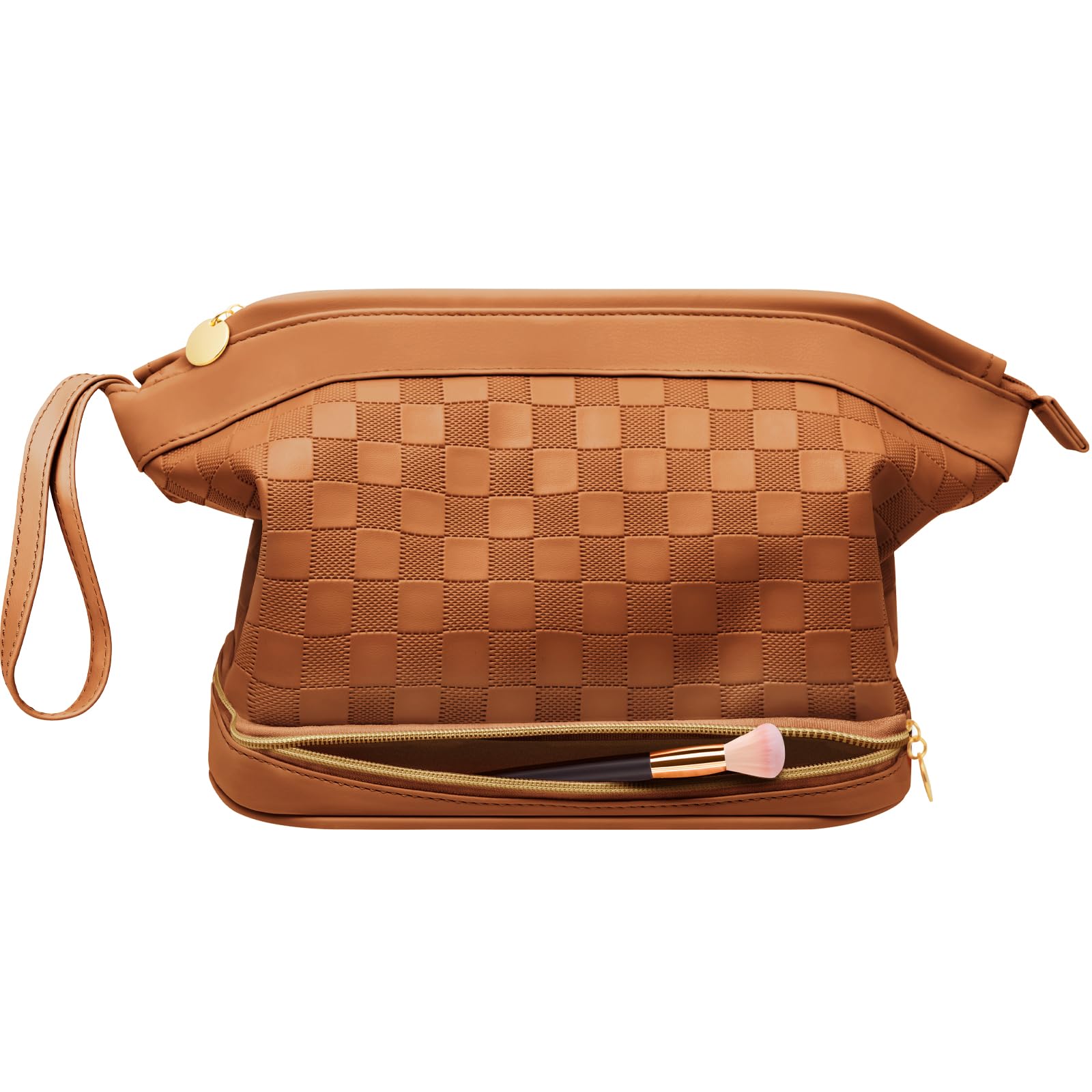 Hairao Toiletry Bag for Women, Large Makeup Bag with Double Layer Design, Waterproof Checkered Makeup Organizer Bag, PU Leather Cosmetic Travel Bag