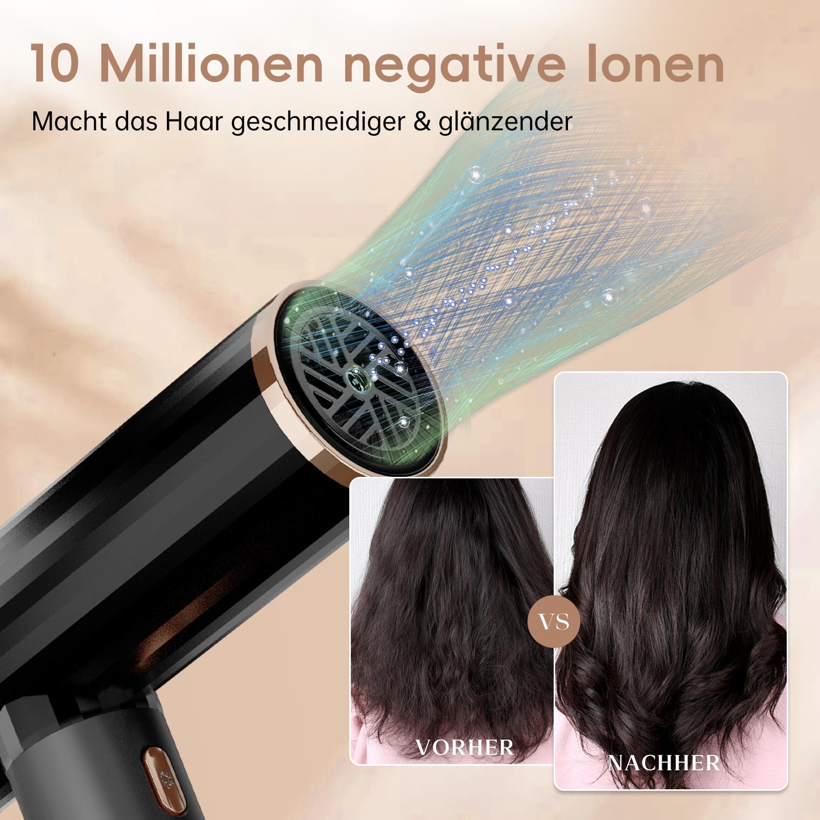 NICEBAY Ionen Föhn mit Diffusor，1900W Hochgeschwindigkeits Haartrockner | Profi Fön mit 110000 U/min BLDC Motor für Schnelles Trocknen, 4 Temperatur- & 3 Luftstufen, Leicht & Leise，Schwarz/Gold