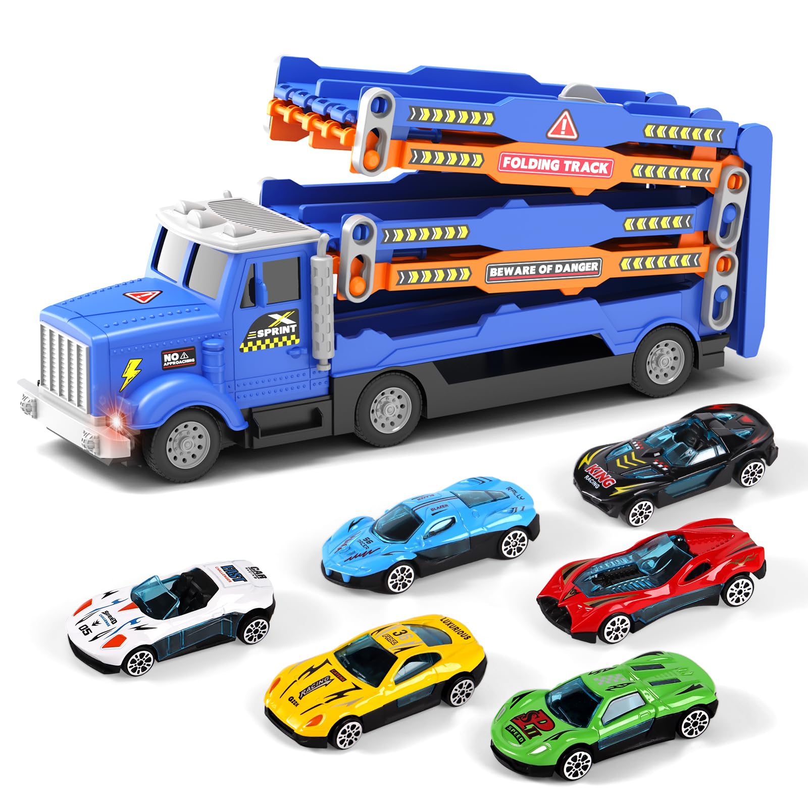 Photo 1 of HONGTUO Toddler Truck Track Set with Lights & Sounds – 55-Inch Racing Track with 6 Die-Cast Cars, Perfect Birthday for 3 4 5 6 7 Years Old Boys and Girls