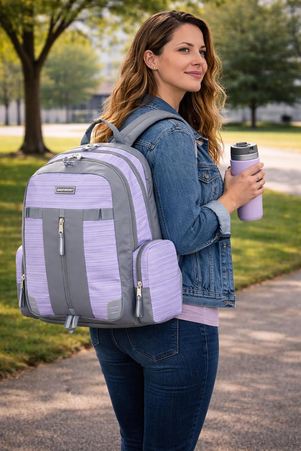 Eastsport Extra Large Backpack Expandable Oversized For Travel Hiking Work Camping Sports Outdoors With Drawstring Bag 18x13.5x9.5 Mochila De Viaje Lilac Stripes