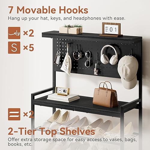 Miniatura 5 de Zapatero alto, almacenamiento de zapatos de madera de 6 niveles con panel de agujeros, 7 ganchos, para 16-20 pares, estante superior de madera,