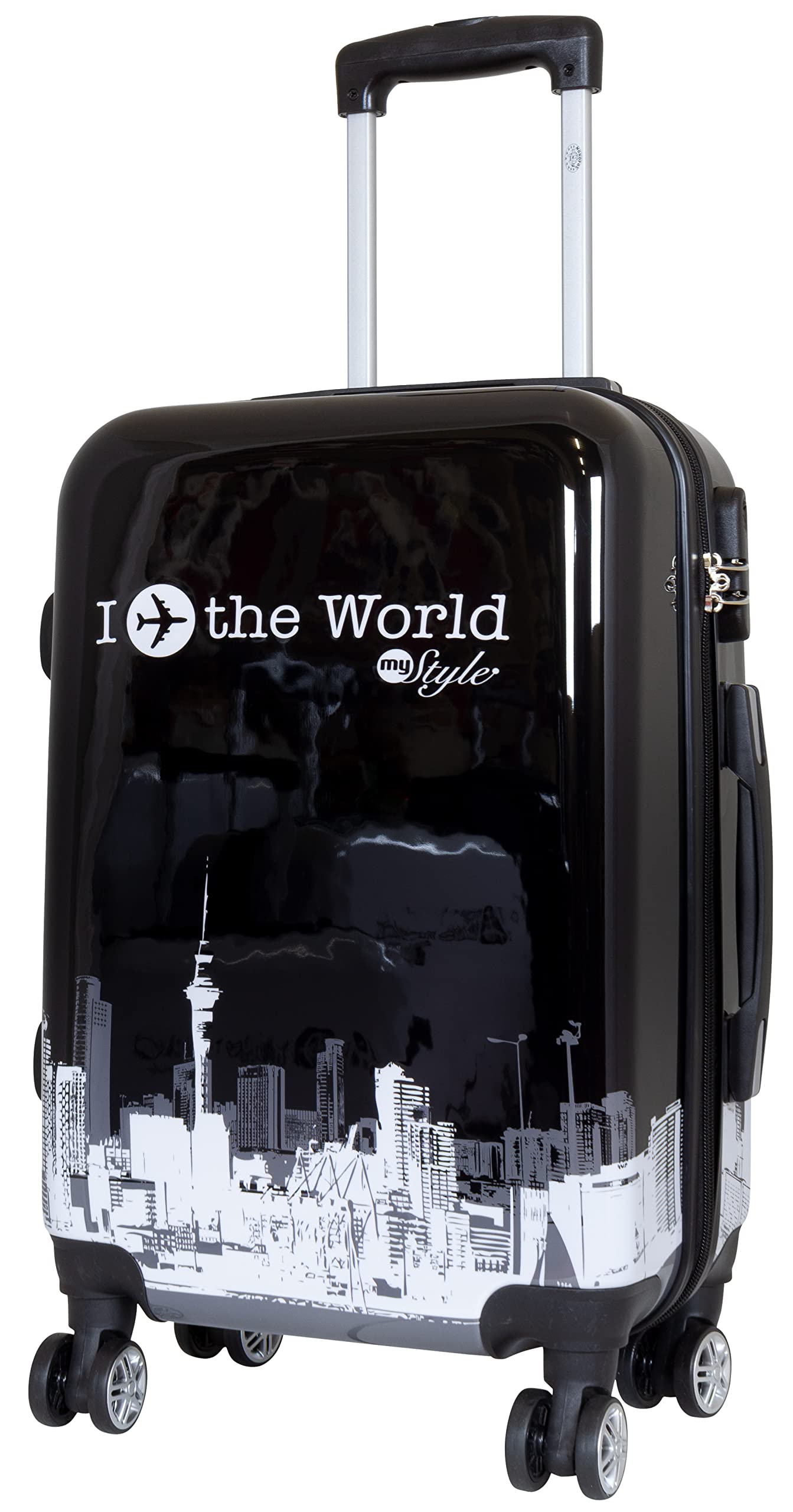 Hartschale Koffer-Set 3-teilig mit Flugzeug Städte Motiv - Fly The World schwarz - 4 Rollen