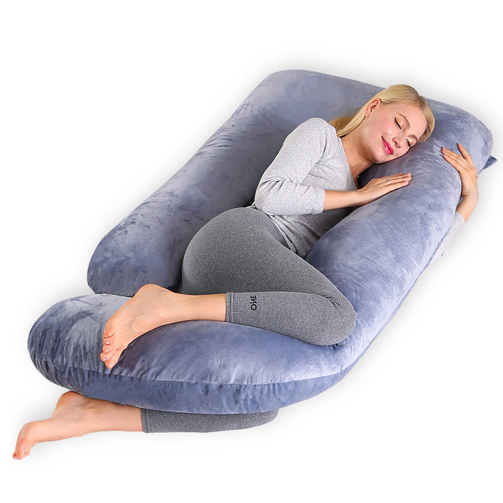 CALIYO Schwangerschaftskissen J Form,Stillkissen XXL-SeitenschläFerkissen mit Bezug,Pregnancy Pillow und Komfortkissen Erwachsene -Polsterung aus Baumwolle（Hellgrau,180×70cm）