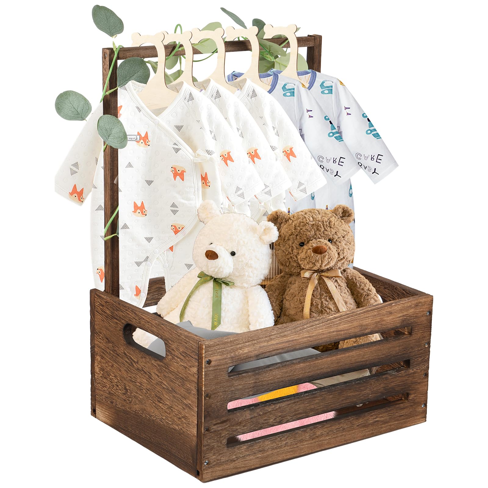 HAIJED Baby Shower Crate Closet with 5 Hangers and Wreath, Thickened Wood Baby Shower Basket with Handle, Newborn Clothes Rack Storage Crate Hamper for New Born Parent Gifts